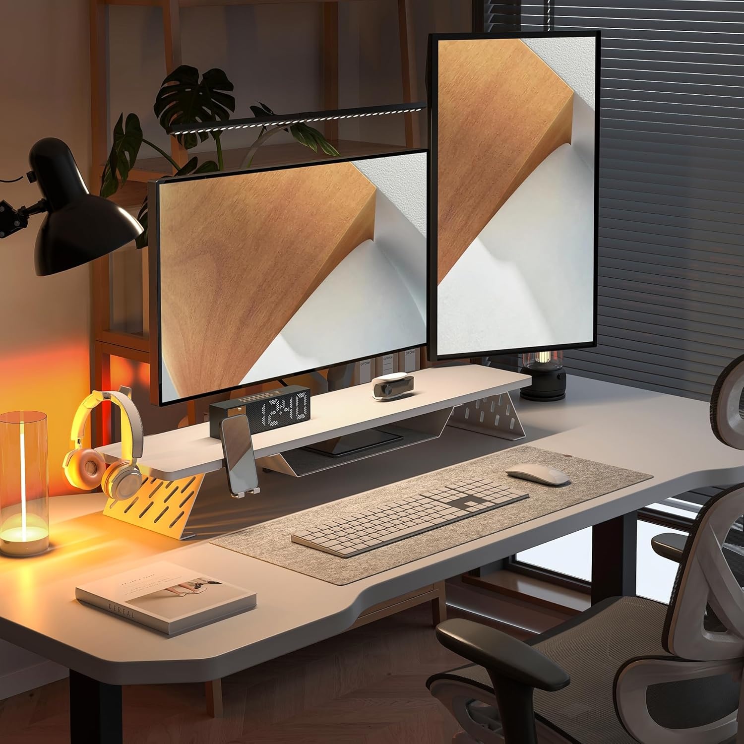 image:imageFenge Dual Monitor Stand 425 Inch Monitor Riser for Desk Wood Desk Shelf for 2 Monitors 2 Tier Monitor Shelf with Headphone Stand amp Phone HolderWhite