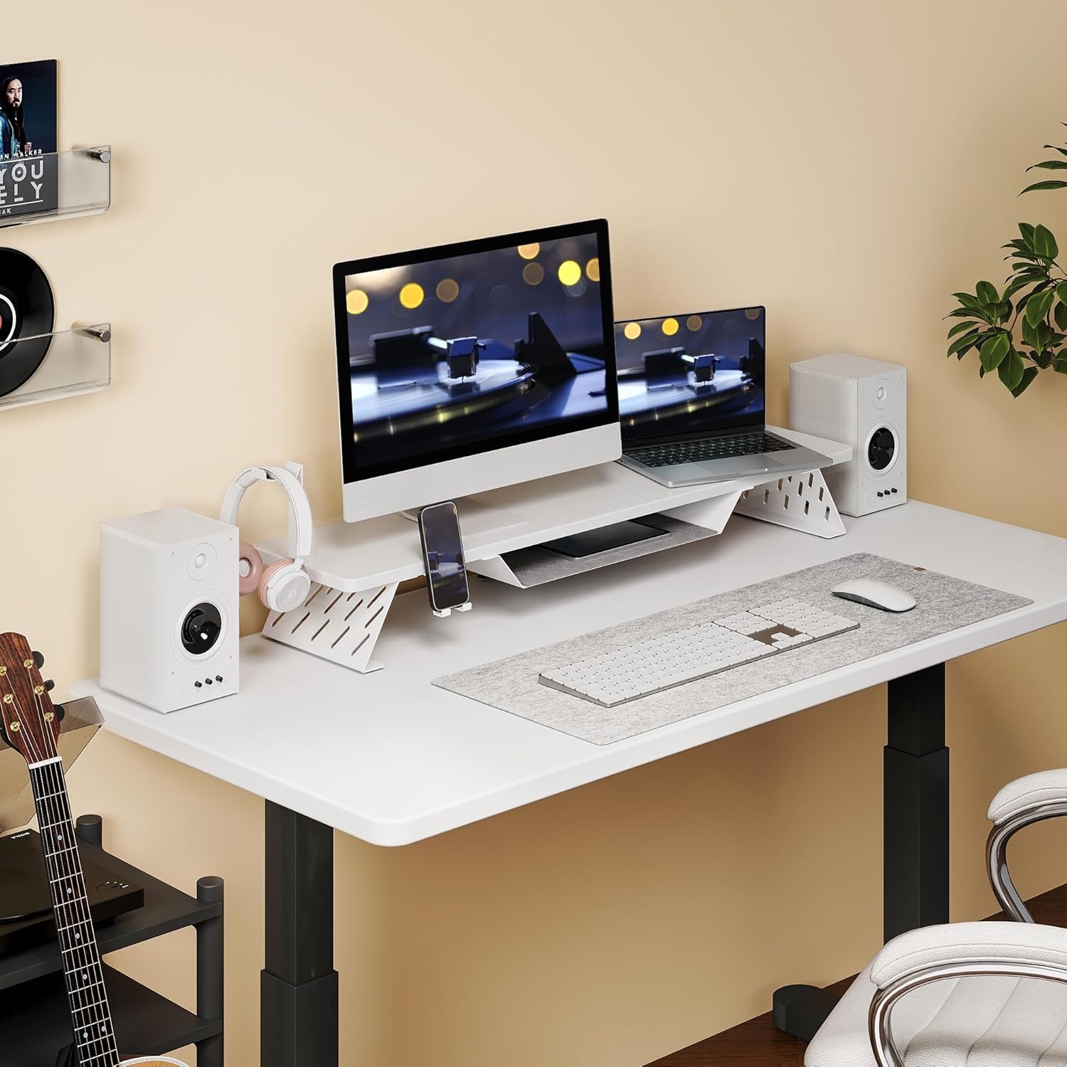 image:imageFenge Dual Monitor Stand 425 Inch Monitor Riser for Desk Wood Desk Shelf for 2 Monitors 2 Tier Monitor Shelf with Headphone Stand amp Phone HolderWhite