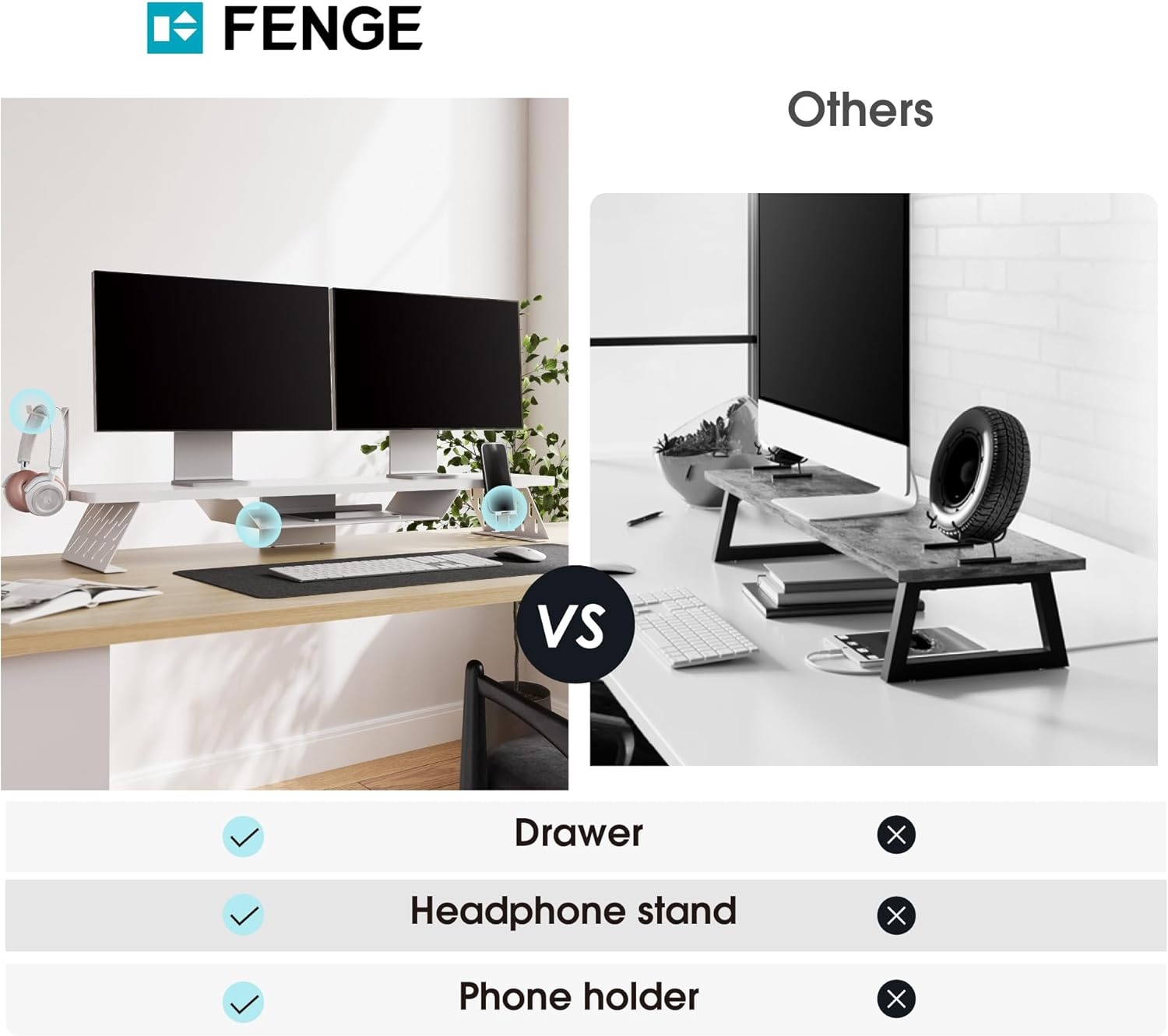 image:imageFenge Dual Monitor Stand 425 Inch Monitor Riser for Desk Wood Desk Shelf for 2 Monitors 2 Tier Monitor Shelf with Headphone Stand amp Phone HolderWhite