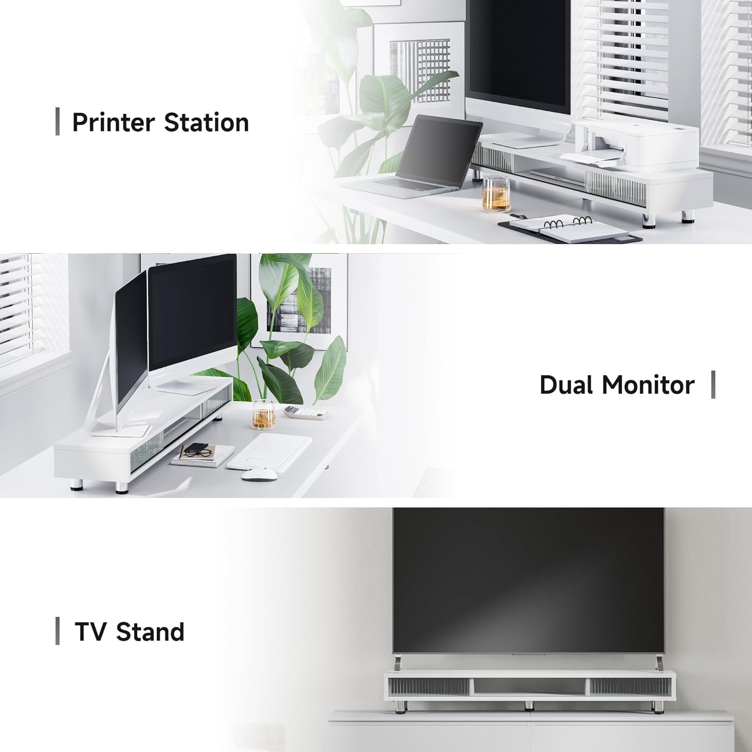 image:imageFenge Dual Monitor Stand 425inch Long Monitor Stands Riser for 2 Monitors Glass Sliding Door with Storage Organizer Stand for Desk 2 Tier Desk Shelf for Laptop Pc Printer Computer TVWhite