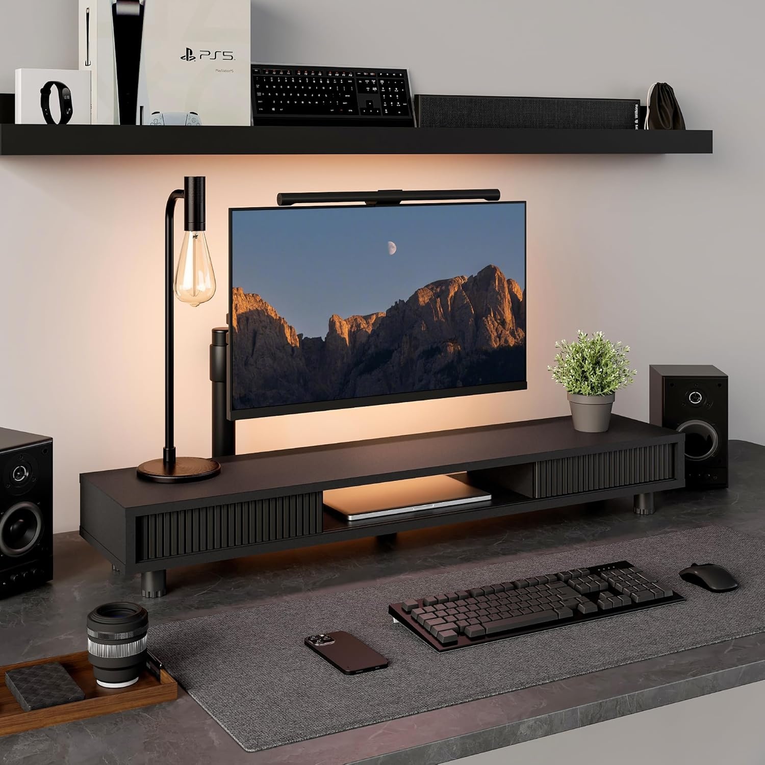 image:imageFenge Dual Monitor Stand 425inch Long Monitor Stands Riser for 2 Monitors Glass Sliding Door with Storage Organizer Stand for Desk 2 Tier Desk Shelf for Laptop Pc Printer Computer TVBlack
