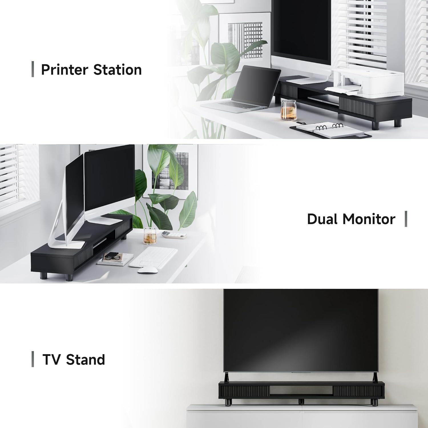 image:imageFenge Dual Monitor Stand 425inch Long Monitor Stands Riser for 2 Monitors Glass Sliding Door with Storage Organizer Stand for Desk 2 Tier Desk Shelf for Laptop Pc Printer Computer TVBlack