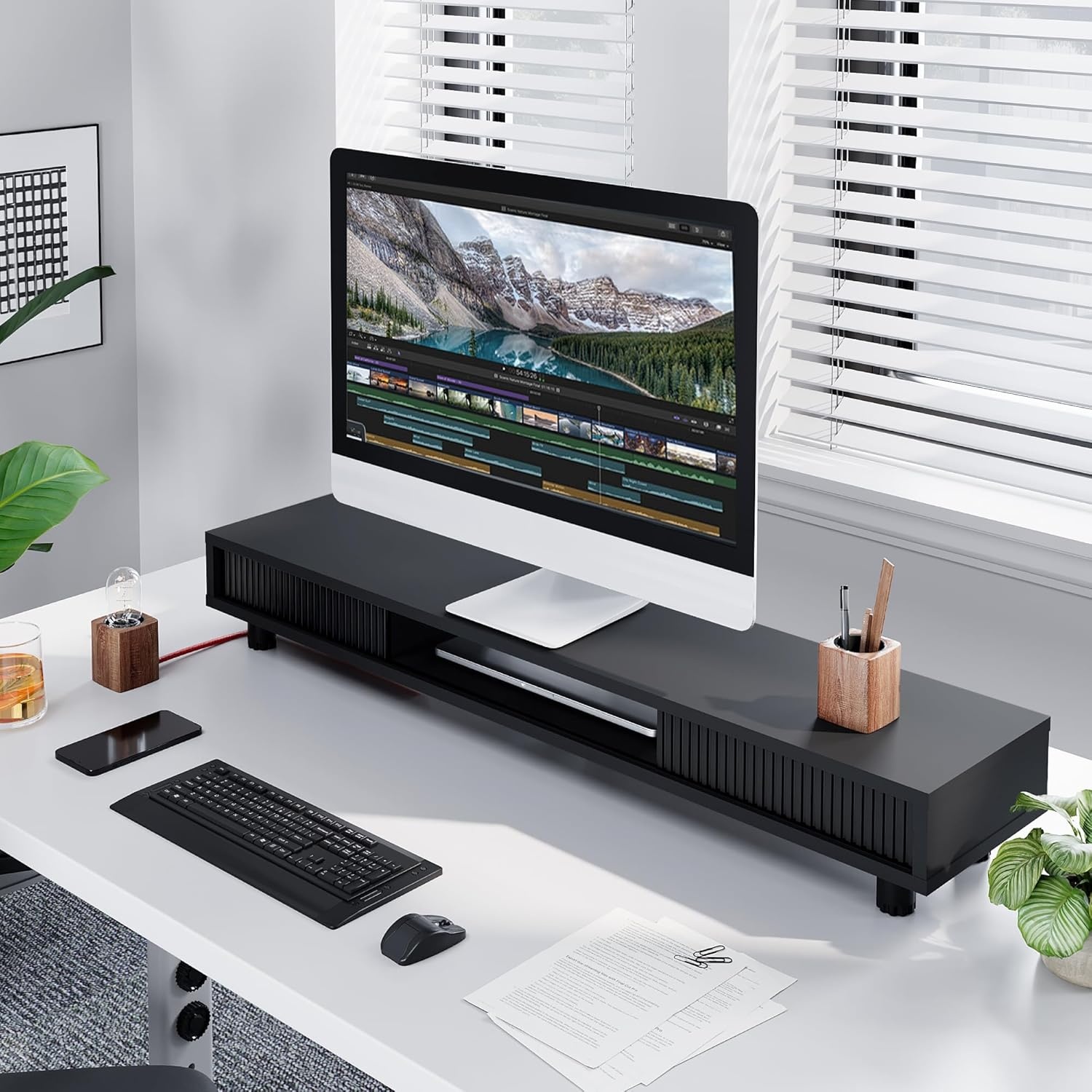 image:imageFenge Dual Monitor Stand 425inch Long Monitor Stands Riser for 2 Monitors Glass Sliding Door with Storage Organizer Stand for Desk 2 Tier Desk Shelf for Laptop Pc Printer Computer TVBlack