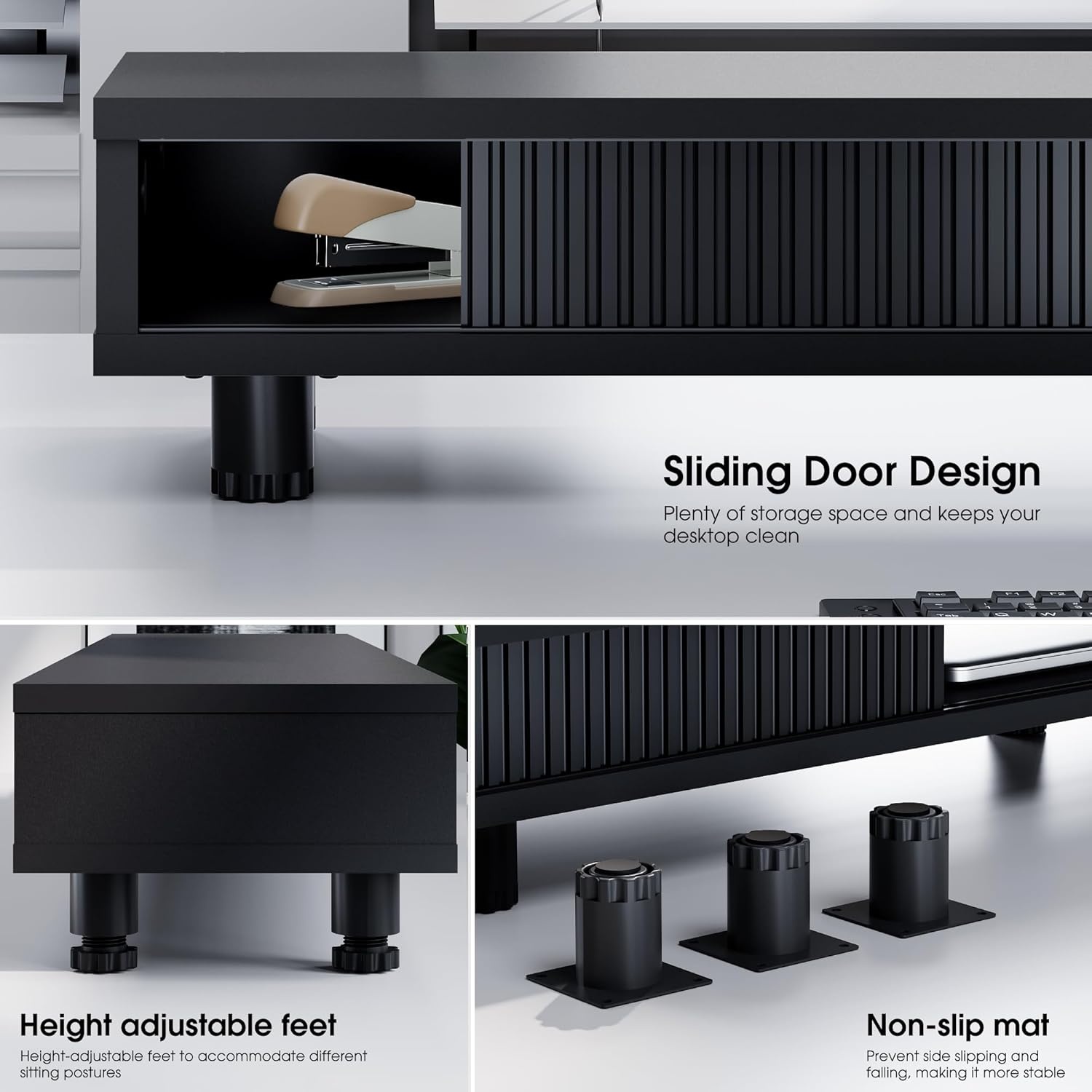 image:imageFenge Dual Monitor Stand 425inch Long Monitor Stands Riser for 2 Monitors Glass Sliding Door with Storage Organizer Stand for Desk 2 Tier Desk Shelf for Laptop Pc Printer Computer TVBlack