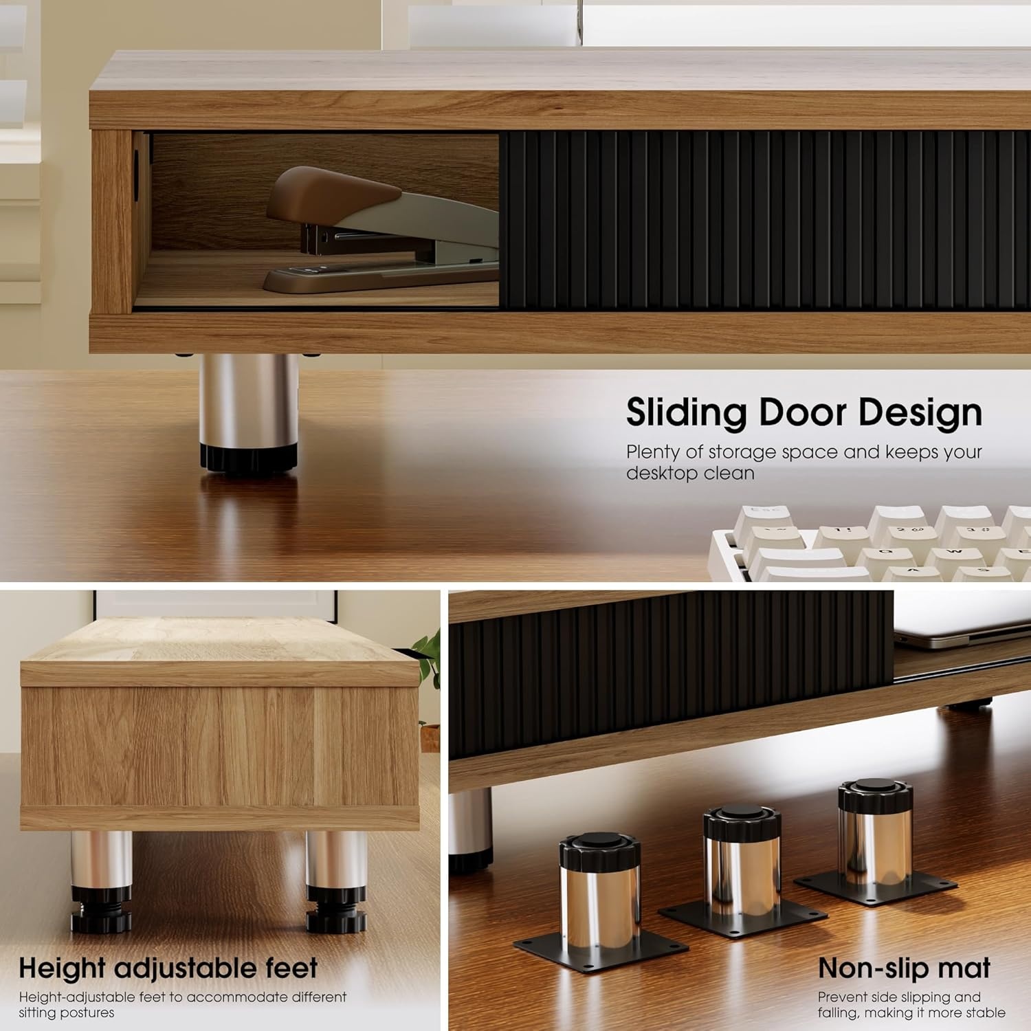 image:imageFenge Dual Monitor Stand 425inch Long Monitor Stands Riser for 2 Monitors Glass Sliding Door with Storage Organizer Stand for Desk 2 Tier Desk Shelf for Laptop Pc Printer Computer TVDark Oak