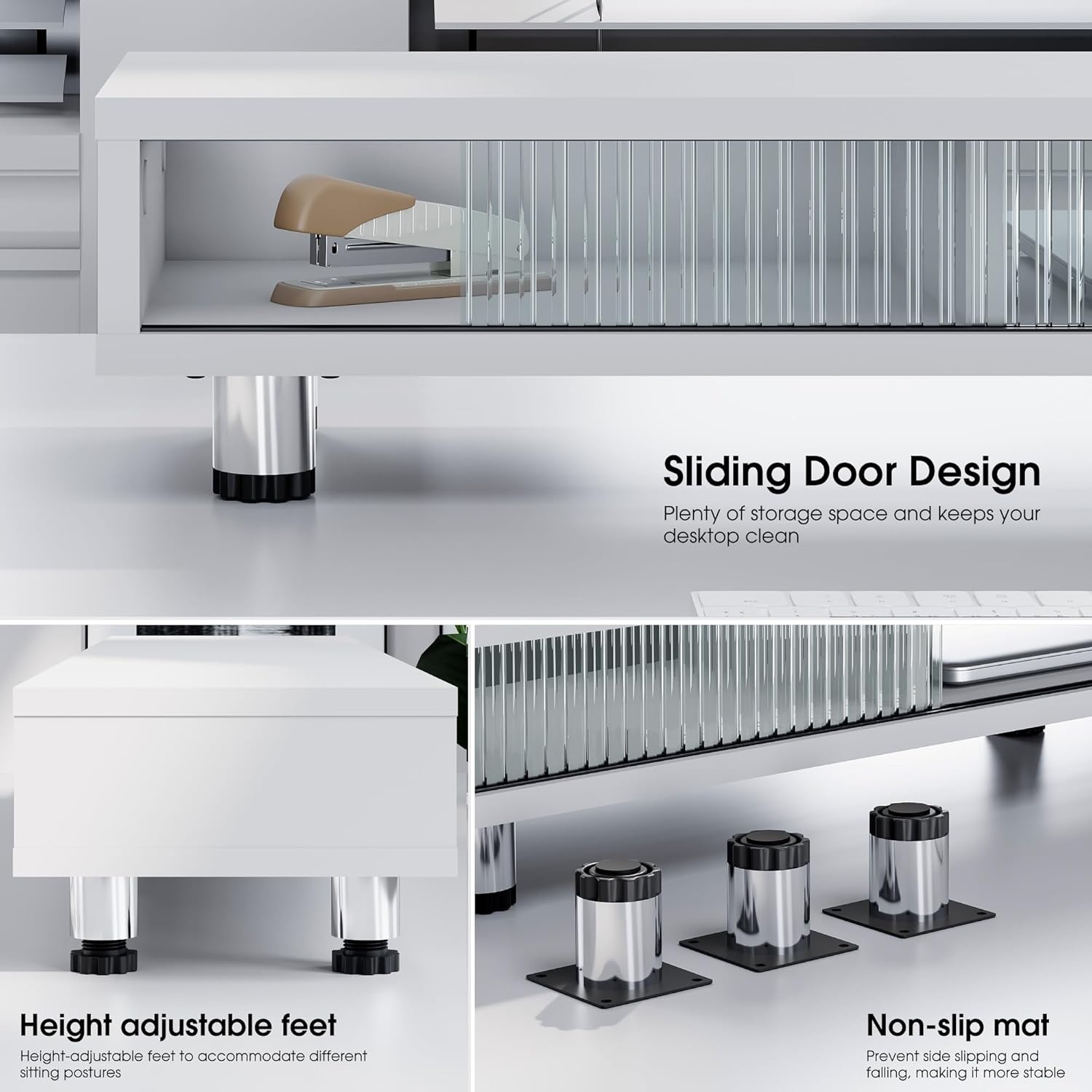image:imageFenge Dual Monitor Stand 425inch Long Monitor Stands Riser for 2 Monitors Glass Sliding Door with Storage Organizer Stand for Desk 2 Tier Desk Shelf for Laptop Pc Printer Computer TVWhite