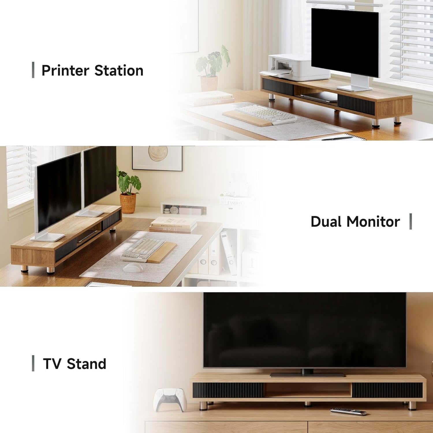 image:imageFenge Dual Monitor Stand 425inch Long Monitor Stands Riser for 2 Monitors Glass Sliding Door with Storage Organizer Stand for Desk 2 Tier Desk Shelf for Laptop Pc Printer Computer TVDark Oak