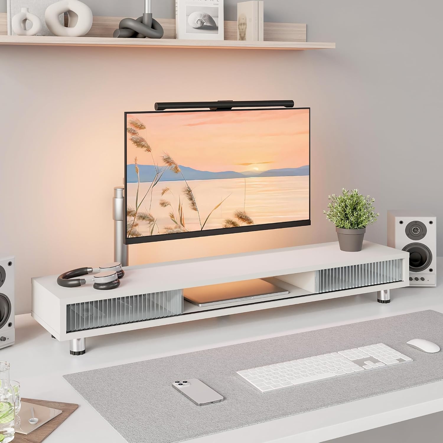 image:imageFenge Dual Monitor Stand 425inch Long Monitor Stands Riser for 2 Monitors Glass Sliding Door with Storage Organizer Stand for Desk 2 Tier Desk Shelf for Laptop Pc Printer Computer TVWhite