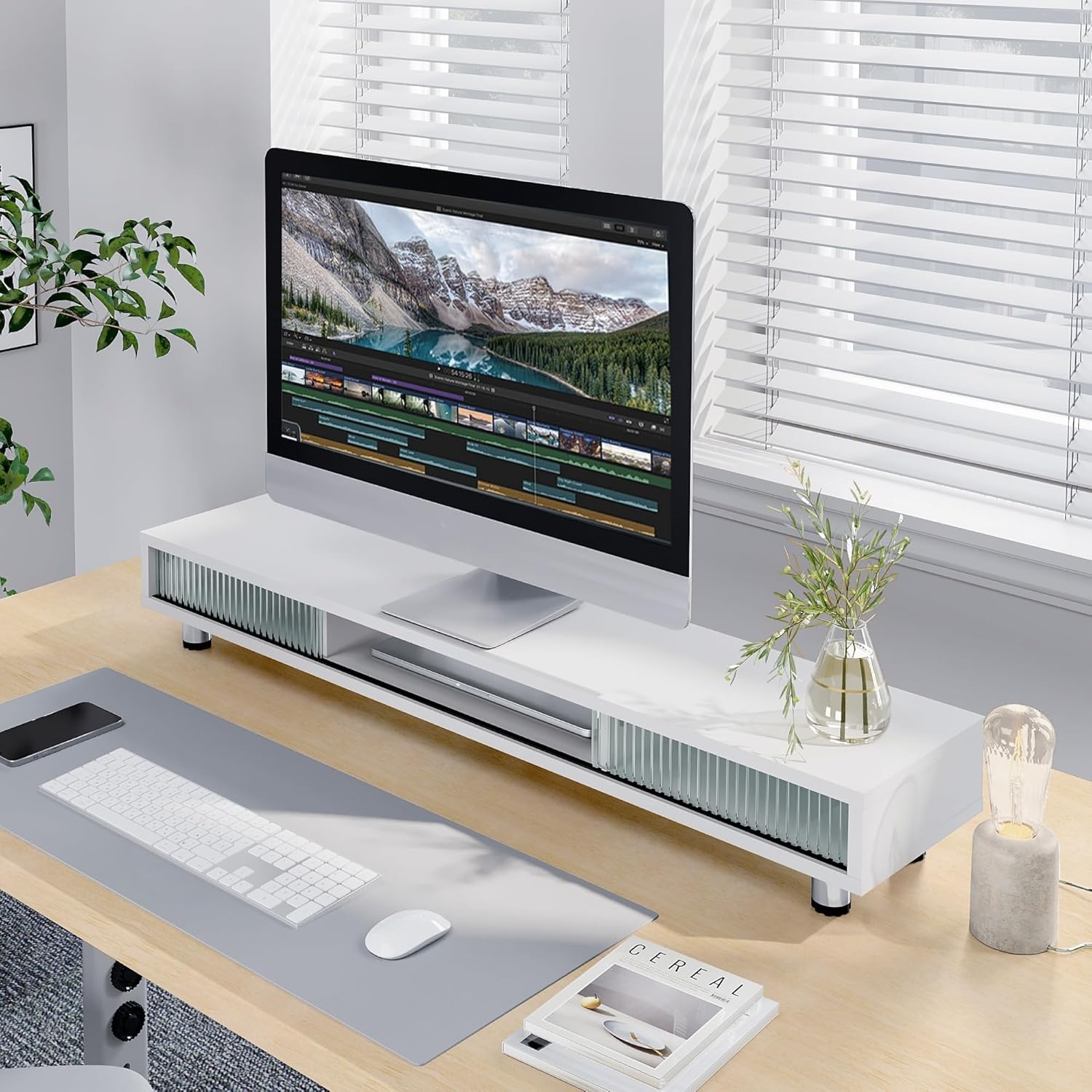 image:imageFenge Dual Monitor Stand 425inch Long Monitor Stands Riser for 2 Monitors Glass Sliding Door with Storage Organizer Stand for Desk 2 Tier Desk Shelf for Laptop Pc Printer Computer TVWhite