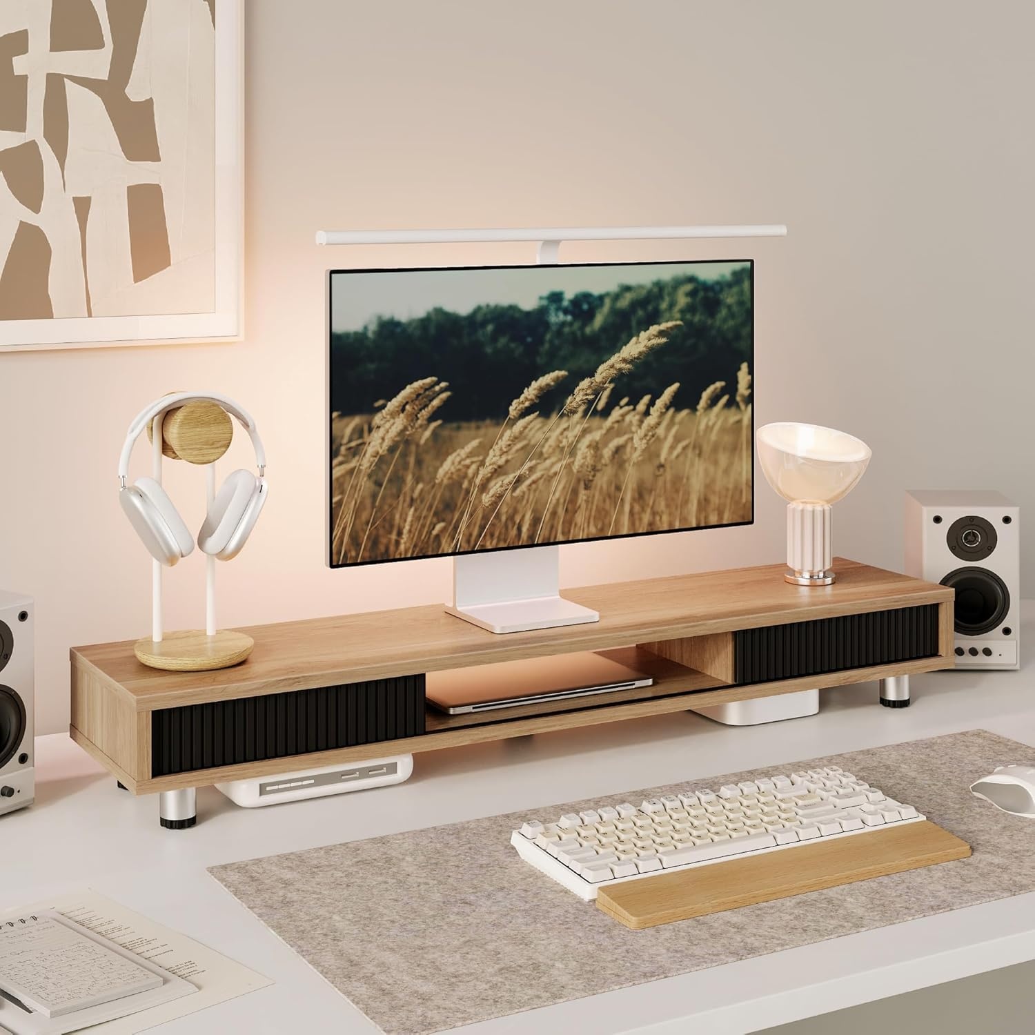 image:imageFenge Dual Monitor Stand 425inch Long Monitor Stands Riser for 2 Monitors Glass Sliding Door with Storage Organizer Stand for Desk 2 Tier Desk Shelf for Laptop Pc Printer Computer TVDark Oak