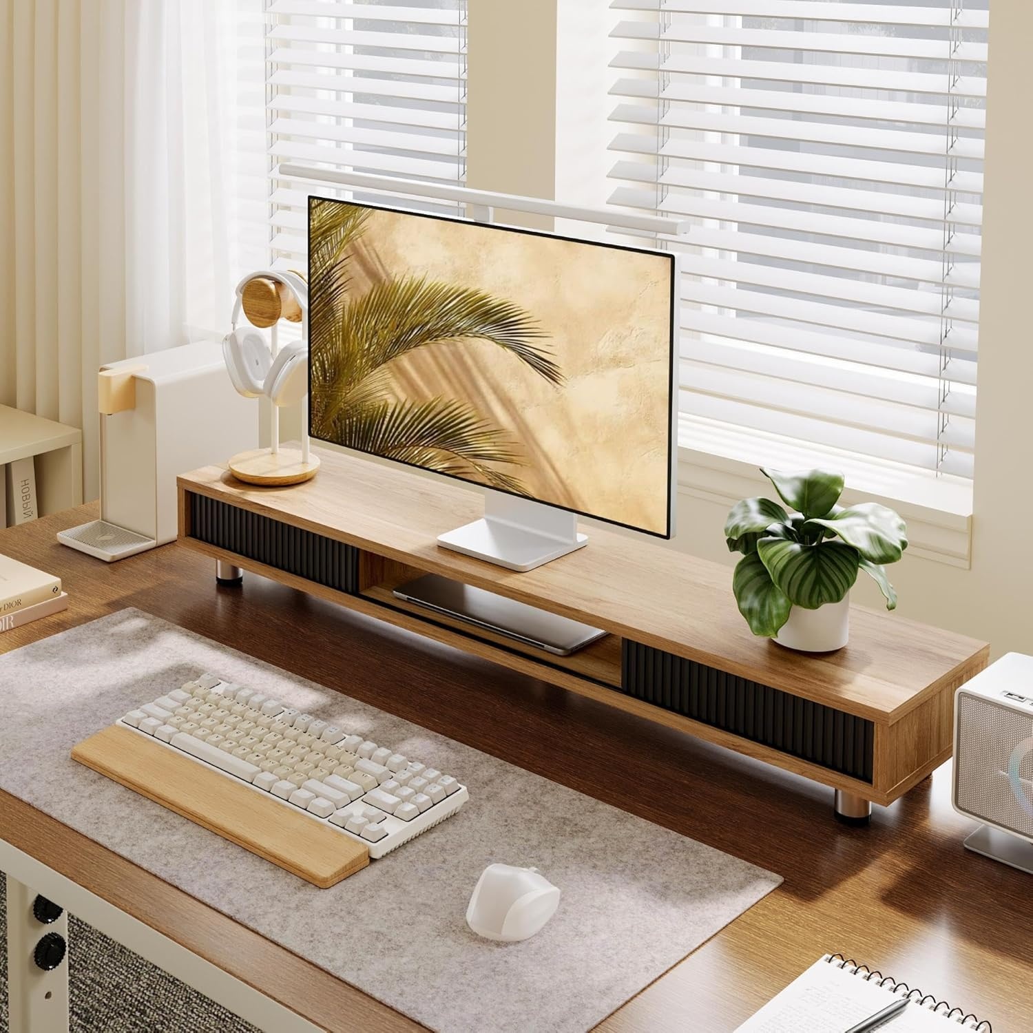 image:imageFenge Dual Monitor Stand 425inch Long Monitor Stands Riser for 2 Monitors Glass Sliding Door with Storage Organizer Stand for Desk 2 Tier Desk Shelf for Laptop Pc Printer Computer TVDark Oak