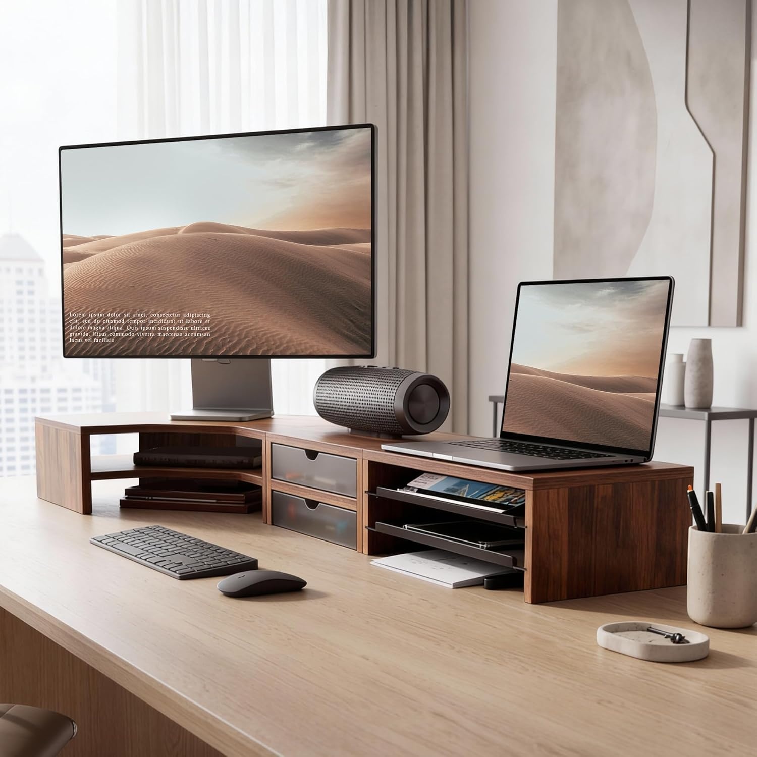 image:imageFenge Dual Monitor Stand Corner Monitor shelf with Drawer and SlideOut Tray 2 Tier Triangle Monitor Riser with Storage Desk Shelf Organizer for Desk Home Office Computer Laptop PrinterBrown
