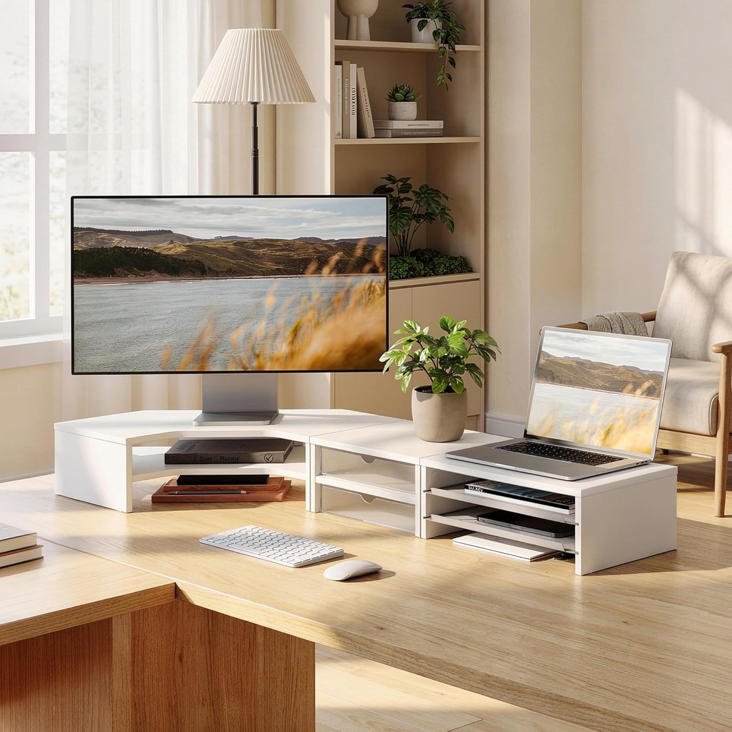 image:imageFenge Dual Monitor Stand Corner Monitor shelf with Drawer and SlideOut Tray 2 Tier Triangle Monitor Riser with Storage Desk Shelf Organizer for Desk Home Office Computer Laptop PrinterWhite