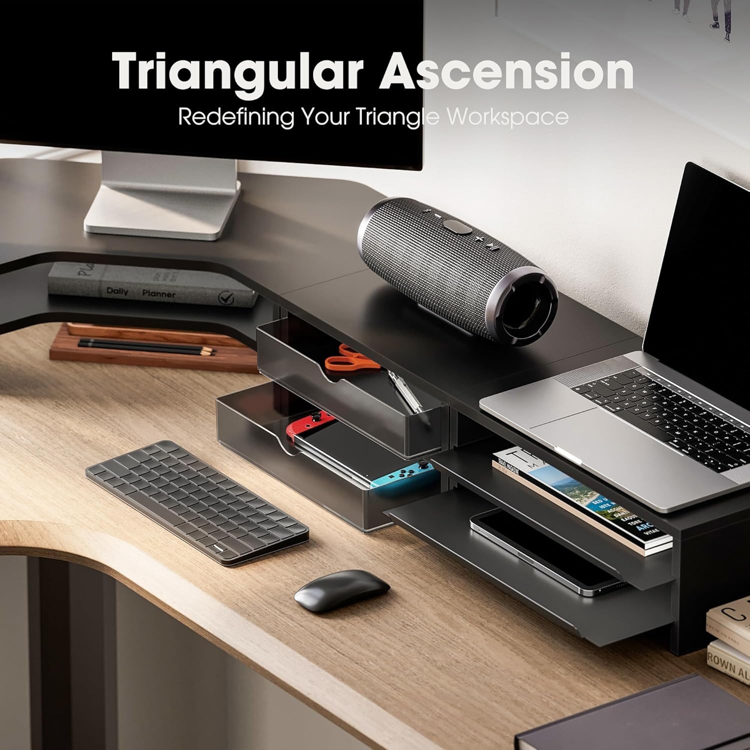 image:imageFenge Dual Monitor Stand Corner Monitor shelf with Drawer and SlideOut Tray 2 Tier Triangle Monitor Riser with Storage Desk Shelf Organizer for Desk Home Office Computer Laptop PrinterBlack