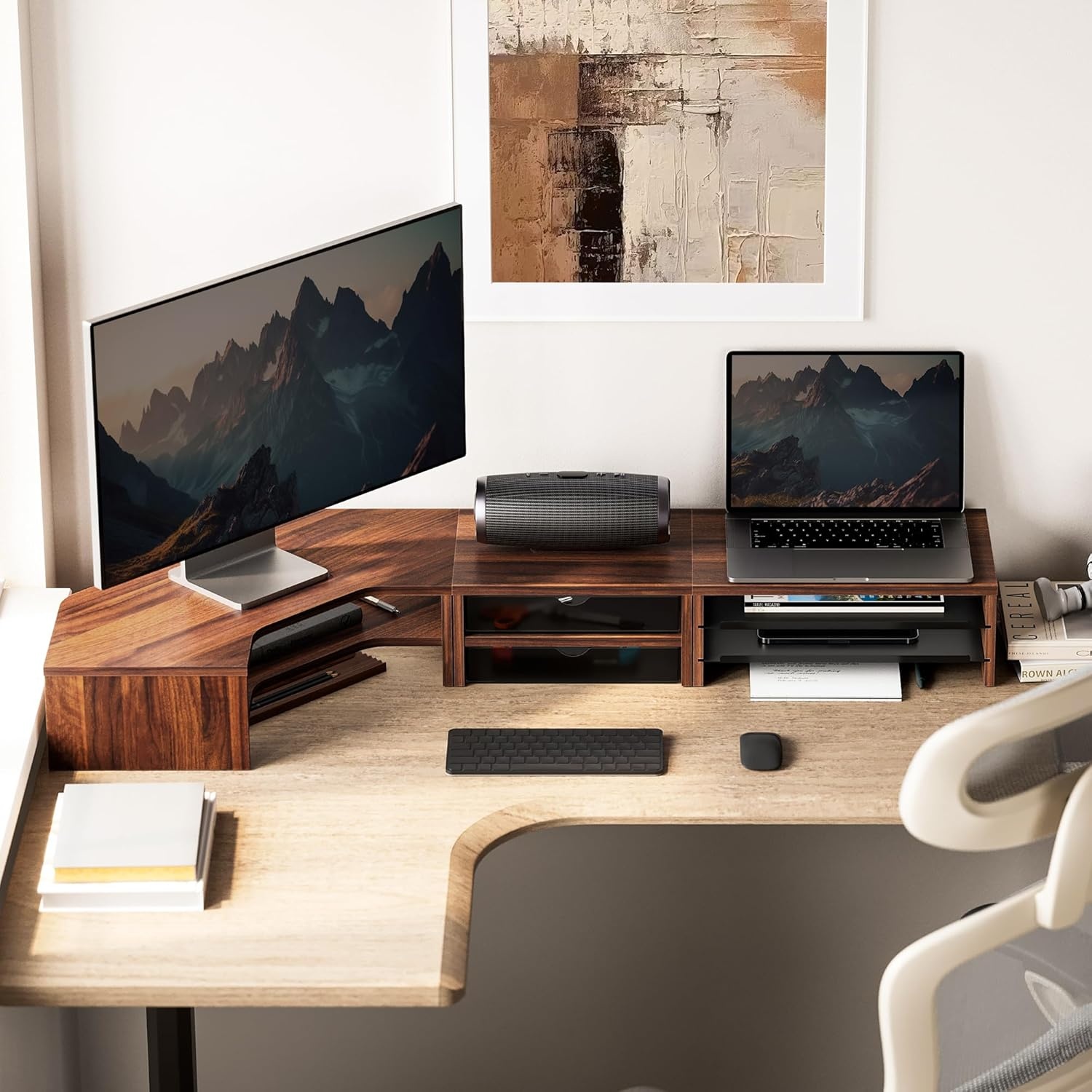 image:imageFenge Dual Monitor Stand Corner Monitor shelf with Drawer and SlideOut Tray 2 Tier Triangle Monitor Riser with Storage Desk Shelf Organizer for Desk Home Office Computer Laptop PrinterBrown
