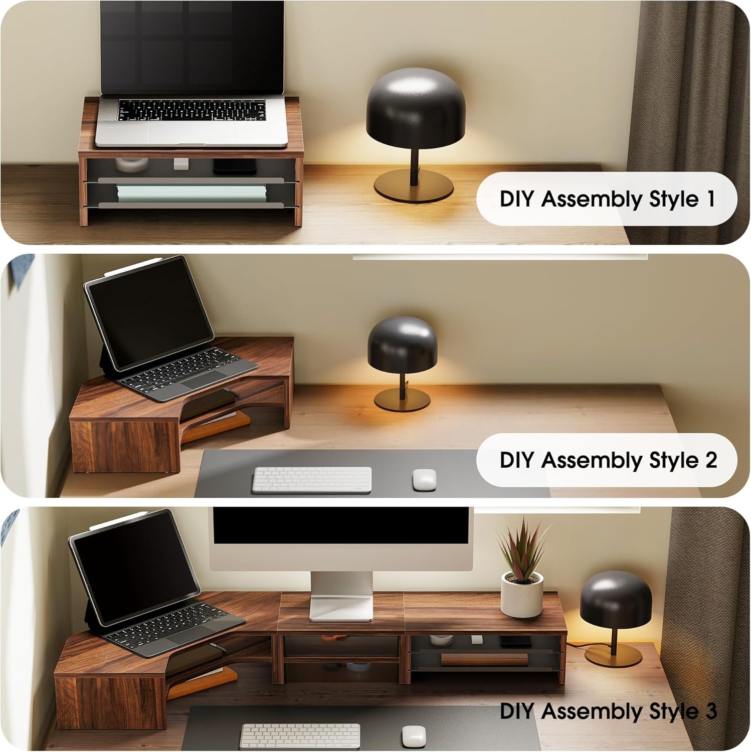 image:imageFenge Dual Monitor Stand Corner Monitor shelf with Drawer and SlideOut Tray 2 Tier Triangle Monitor Riser with Storage Desk Shelf Organizer for Desk Home Office Computer Laptop PrinterBrown