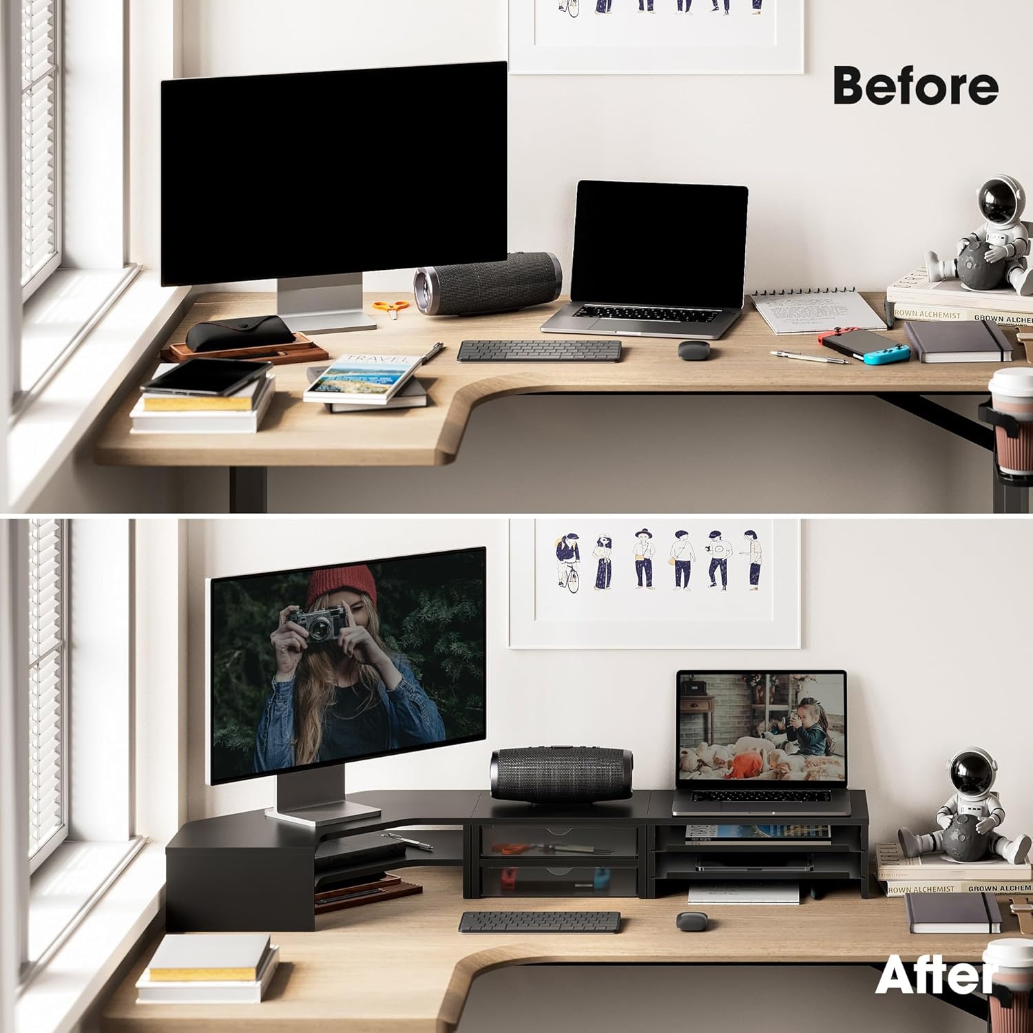 image:imageFenge Dual Monitor Stand Corner Monitor shelf with Drawer and SlideOut Tray 2 Tier Triangle Monitor Riser with Storage Desk Shelf Organizer for Desk Home Office Computer Laptop PrinterBlack
