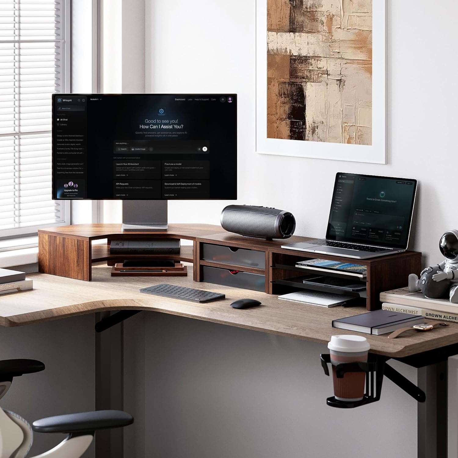 image:imageFenge Dual Monitor Stand Corner Monitor shelf with Drawer and SlideOut Tray 2 Tier Triangle Monitor Riser with Storage Desk Shelf Organizer for Desk Home Office Computer Laptop PrinterBrown