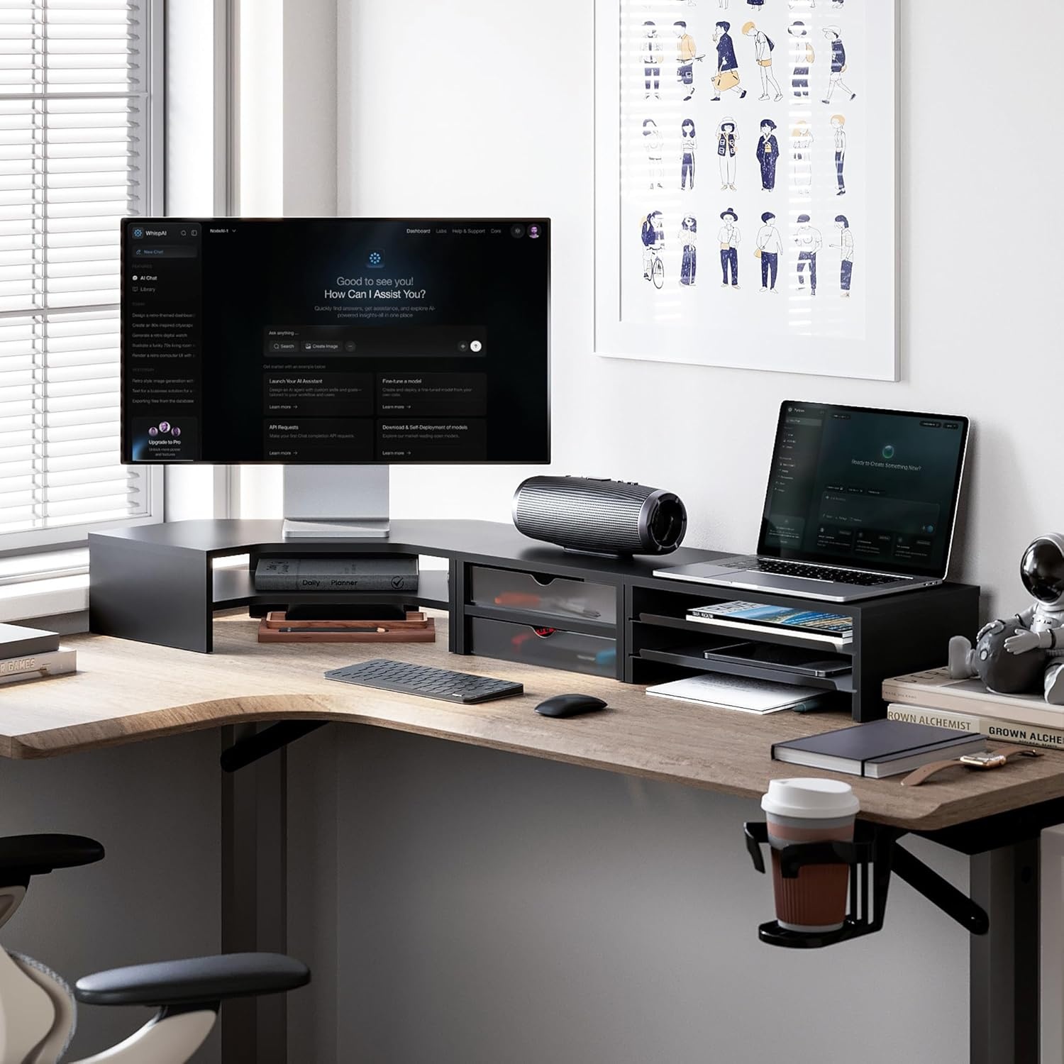 image:imageFenge Dual Monitor Stand Corner Monitor shelf with Drawer and SlideOut Tray 2 Tier Triangle Monitor Riser with Storage Desk Shelf Organizer for Desk Home Office Computer Laptop PrinterBlack