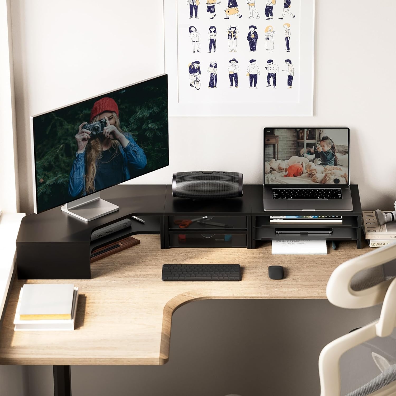 image:imageFenge Dual Monitor Stand Corner Monitor shelf with Drawer and SlideOut Tray 2 Tier Triangle Monitor Riser with Storage Desk Shelf Organizer for Desk Home Office Computer Laptop PrinterBlack