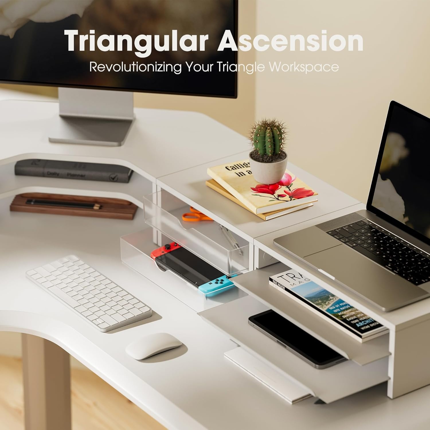 image:imageFenge Dual Monitor Stand Corner Monitor shelf with Drawer and SlideOut Tray 2 Tier Triangle Monitor Riser with Storage Desk Shelf Organizer for Desk Home Office Computer Laptop PrinterWhite