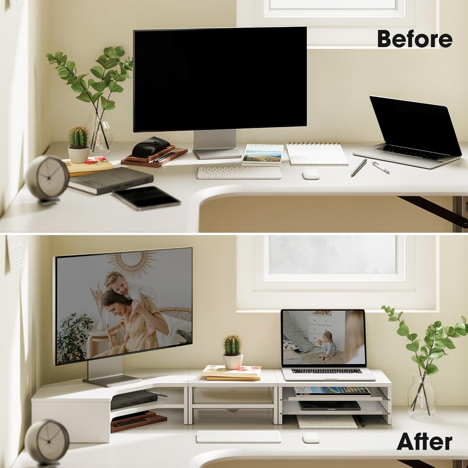 image:imageFenge Dual Monitor Stand Corner Monitor shelf with Drawer and SlideOut Tray 2 Tier Triangle Monitor Riser with Storage Desk Shelf Organizer for Desk Home Office Computer Laptop PrinterWhite