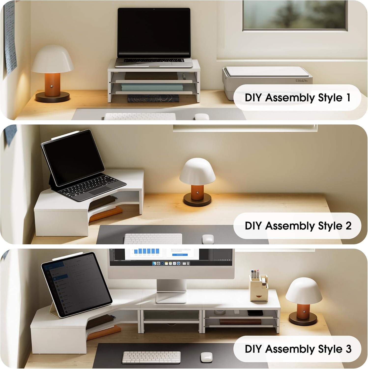 image:imageFenge Dual Monitor Stand Corner Monitor shelf with Drawer and SlideOut Tray 2 Tier Triangle Monitor Riser with Storage Desk Shelf Organizer for Desk Home Office Computer Laptop PrinterWhite