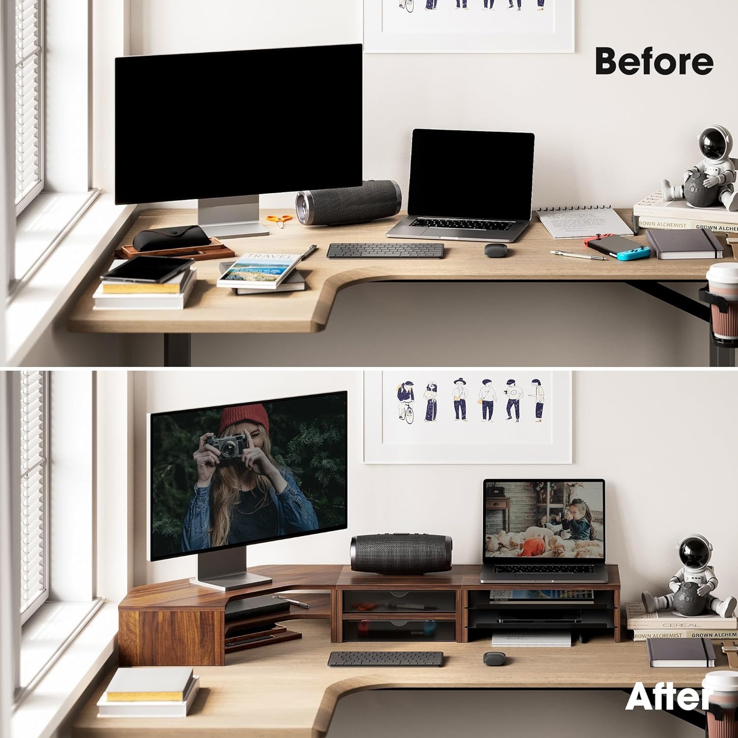 image:imageFenge Dual Monitor Stand Corner Monitor shelf with Drawer and SlideOut Tray 2 Tier Triangle Monitor Riser with Storage Desk Shelf Organizer for Desk Home Office Computer Laptop PrinterBrown