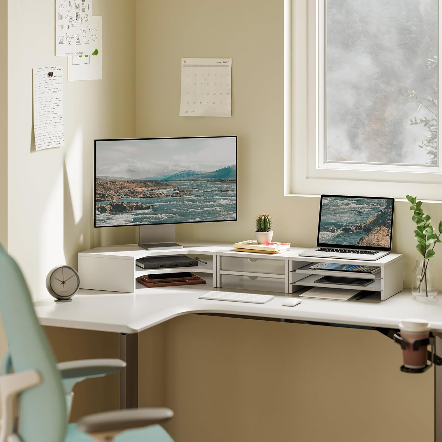 image:imageFenge Dual Monitor Stand Corner Monitor shelf with Drawer and SlideOut Tray 2 Tier Triangle Monitor Riser with Storage Desk Shelf Organizer for Desk Home Office Computer Laptop PrinterWhite
