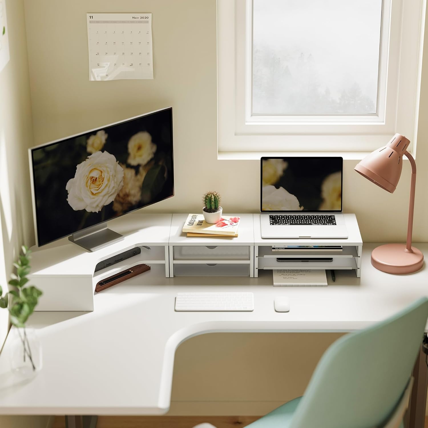 image:imageFenge Dual Monitor Stand Corner Monitor shelf with Drawer and SlideOut Tray 2 Tier Triangle Monitor Riser with Storage Desk Shelf Organizer for Desk Home Office Computer Laptop PrinterWhite
