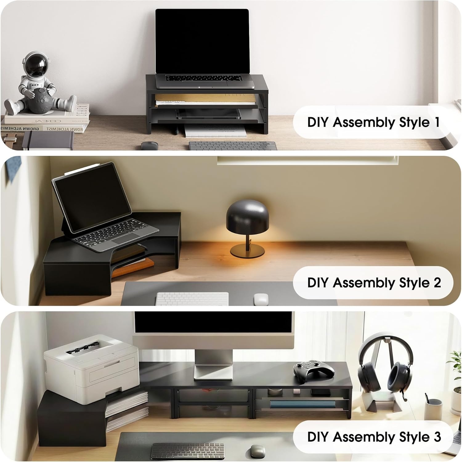 image:imageFenge Dual Monitor Stand Corner Monitor shelf with Drawer and SlideOut Tray 2 Tier Triangle Monitor Riser with Storage Desk Shelf Organizer for Desk Home Office Computer Laptop PrinterBlack