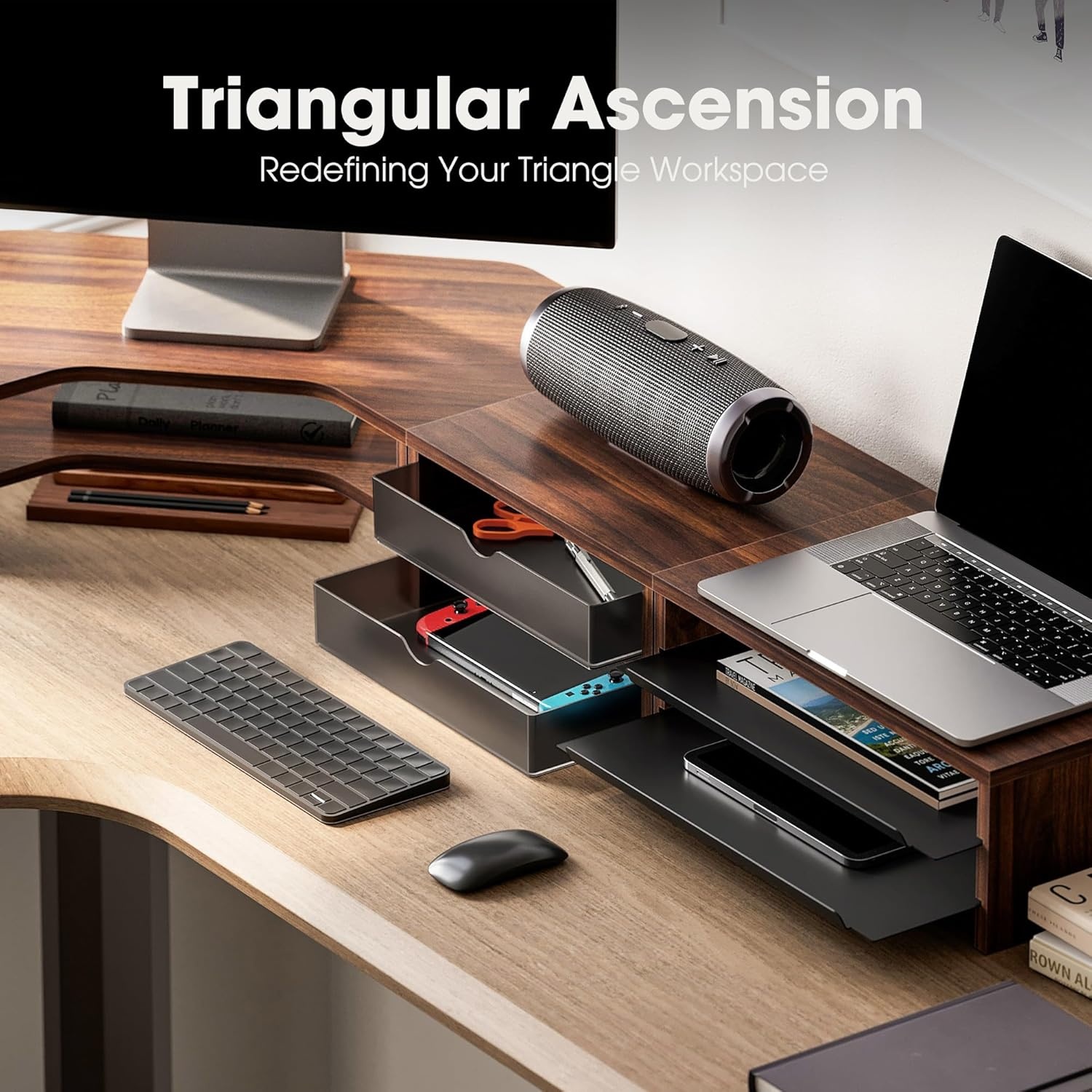 image:imageFenge Dual Monitor Stand Corner Monitor shelf with Drawer and SlideOut Tray 2 Tier Triangle Monitor Riser with Storage Desk Shelf Organizer for Desk Home Office Computer Laptop PrinterBrown