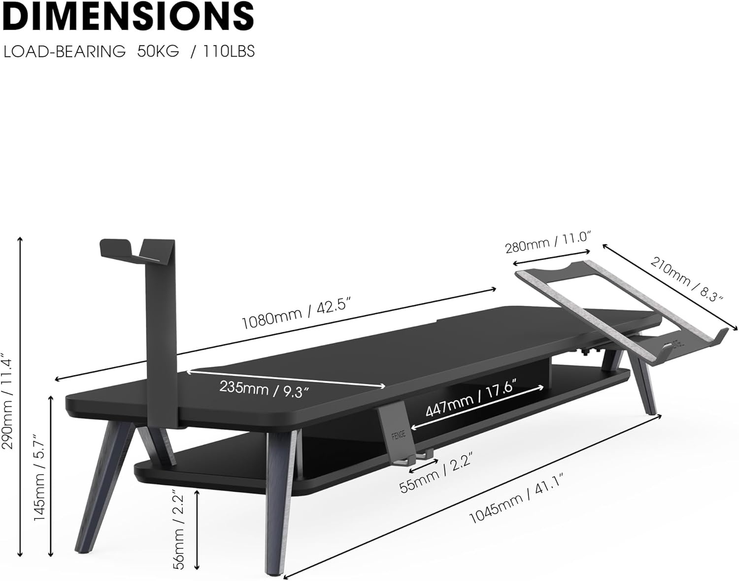 image:imageFenge Dual Monitor Stand Monitor Riser for 2 Monitors with Adjustable Laptop Riser 425 Inch Desk Shelf for Top of Desk with Phone Holderamp Headphone StandBlack