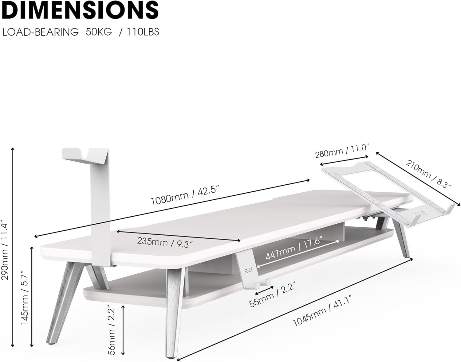 image:imageFenge Dual Monitor Stand Monitor Riser for 2 Monitors with Adjustable Laptop Riser 425 Inch Desk Shelf for Top of Desk with Phone Holderamp Headphone StandWhite