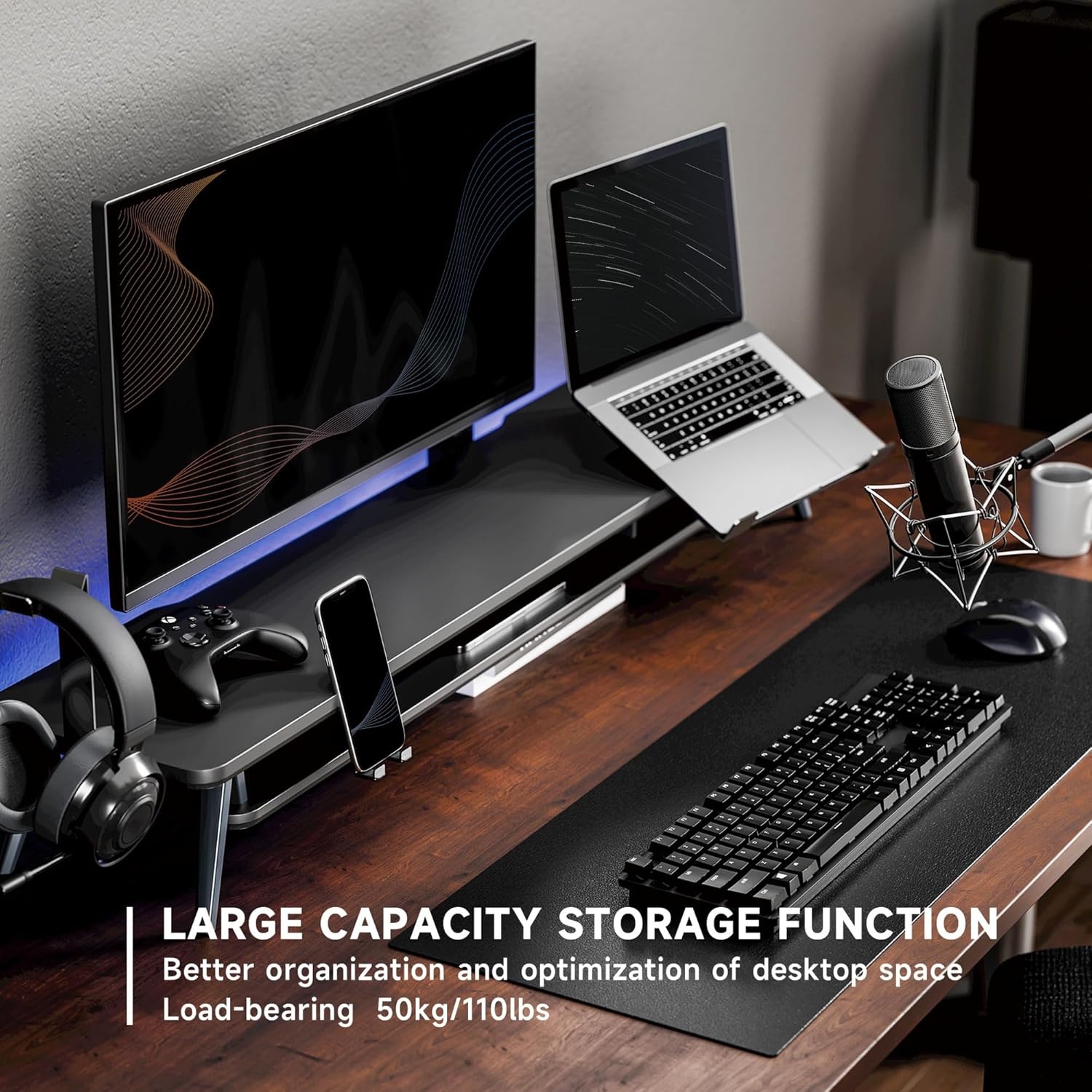 image:imageFenge Dual Monitor Stand Monitor Riser for 2 Monitors with Adjustable Laptop Riser 425 Inch Desk Shelf for Top of Desk with Phone Holderamp Headphone StandBlack