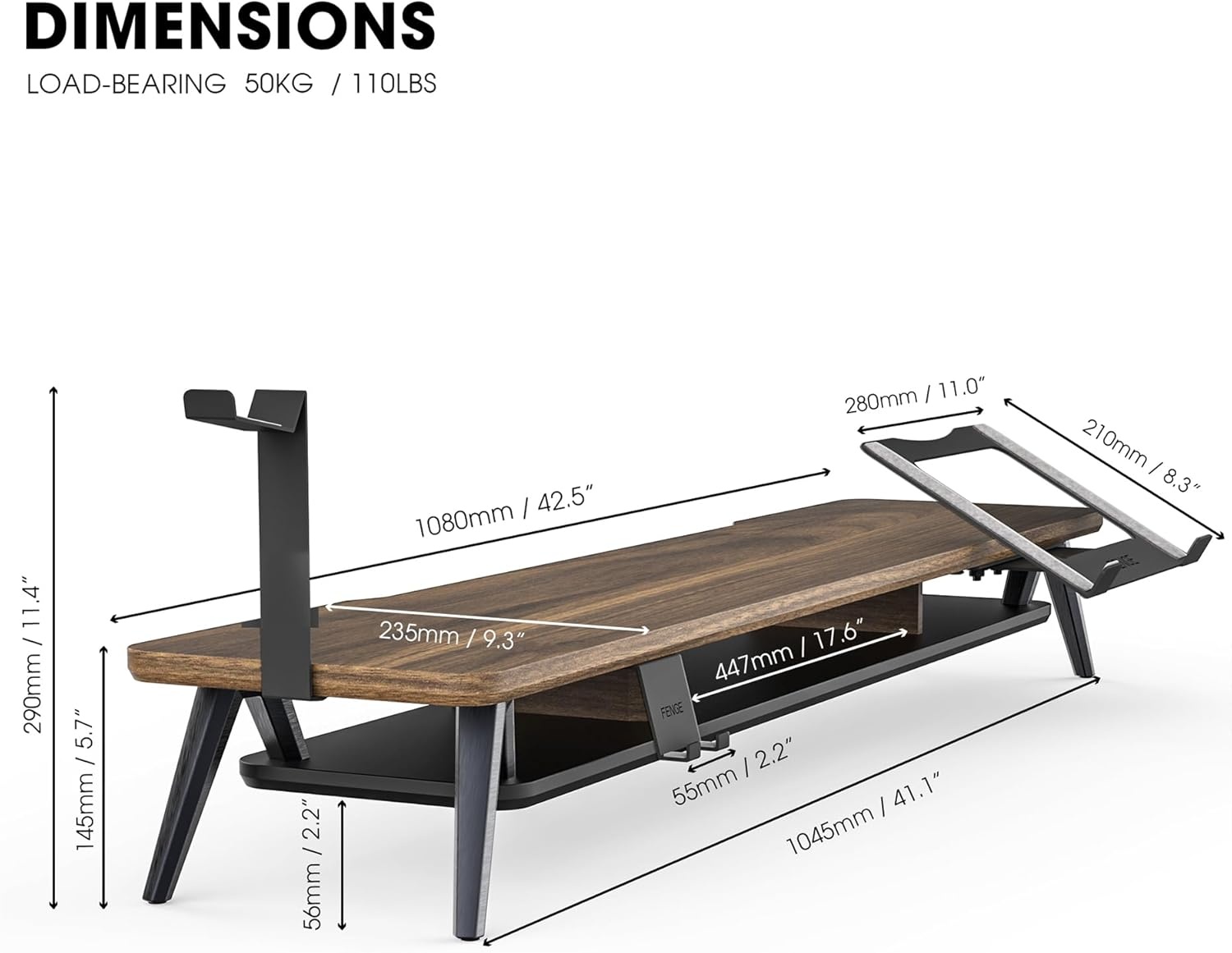 image:imageFenge Dual Monitor Stand Monitor Riser for 2 Monitors with Adjustable Laptop Riser 425 Inch Desk Shelf for Top of Desk with Phone Holderamp Headphone Standbrown