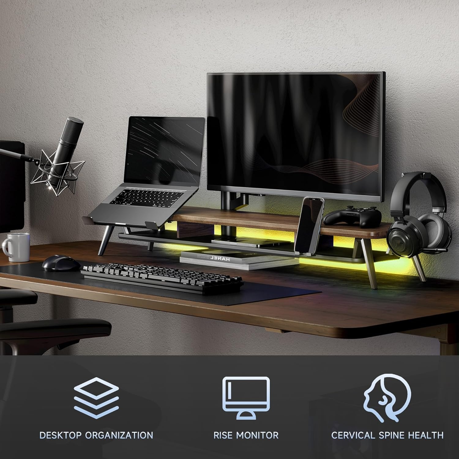 image:imageFenge Dual Monitor Stand Monitor Riser for 2 Monitors with Adjustable Laptop Riser 425 Inch Desk Shelf for Top of Desk with Phone Holderamp Headphone Standbrown
