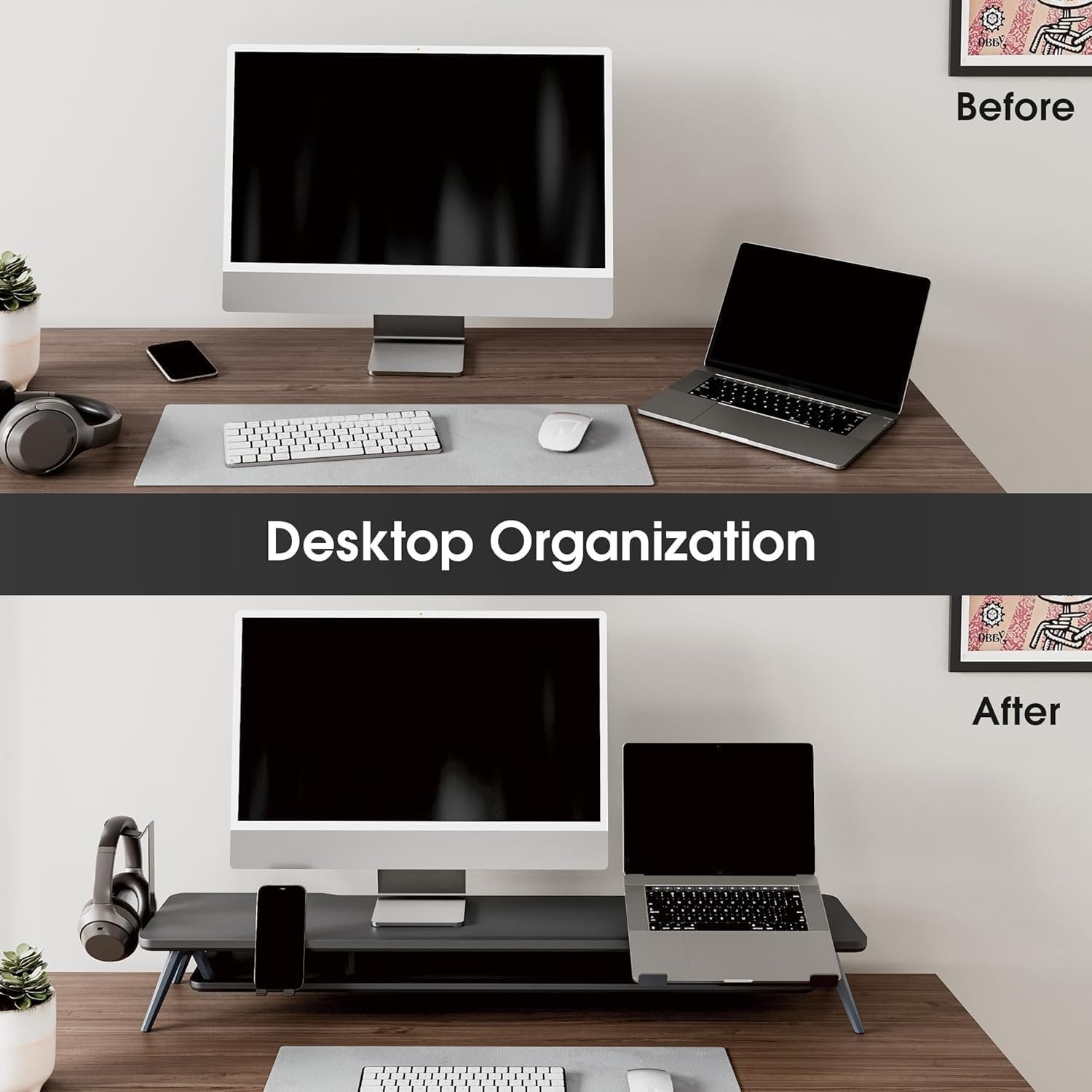 image:imageFenge Dual Monitor Stand Monitor Riser for 2 Monitors with Adjustable Laptop Riser 425 Inch Desk Shelf for Top of Desk with Phone Holderamp Headphone StandBlack