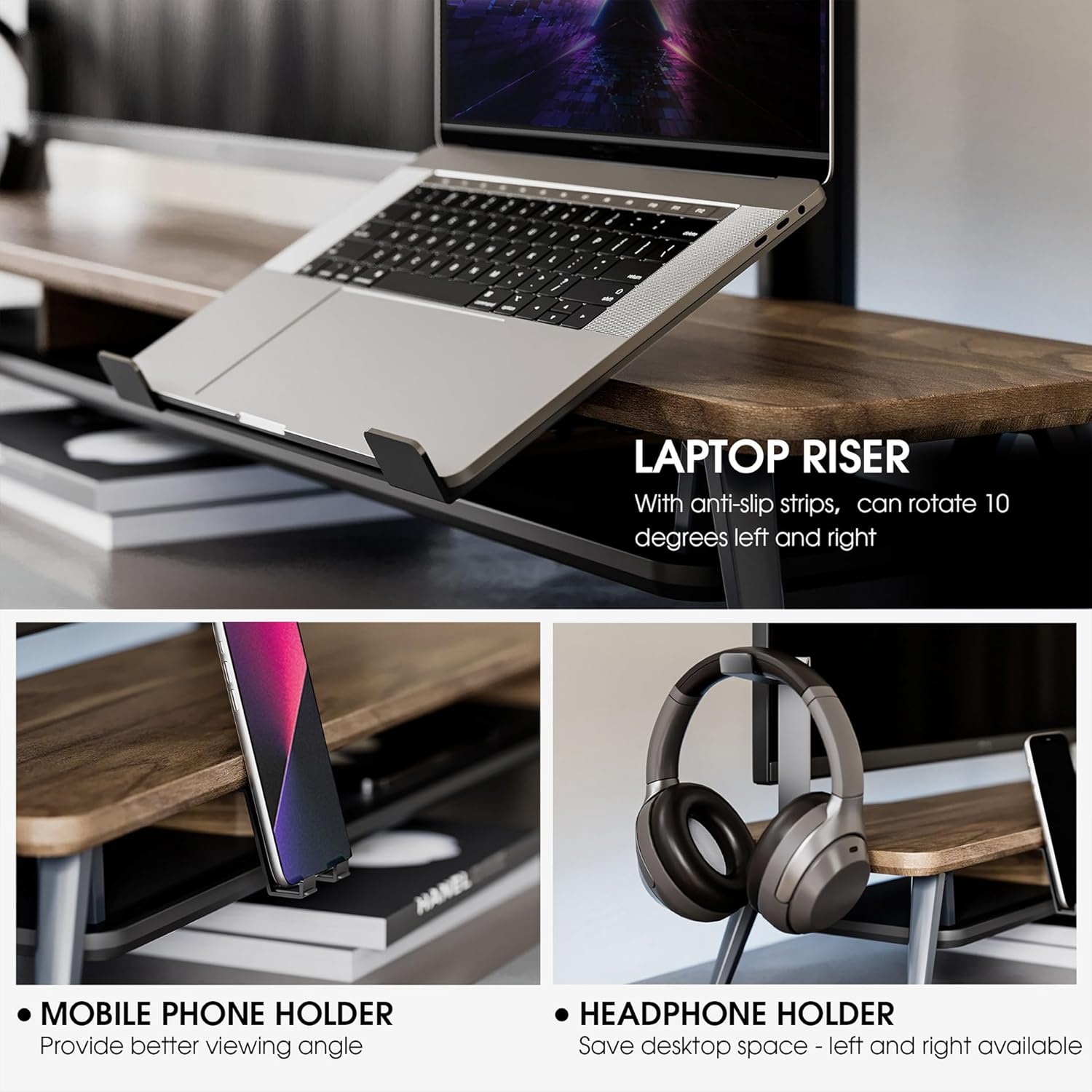 image:imageFenge Dual Monitor Stand Monitor Riser for 2 Monitors with Adjustable Laptop Riser 425 Inch Desk Shelf for Top of Desk with Phone Holderamp Headphone Standbrown