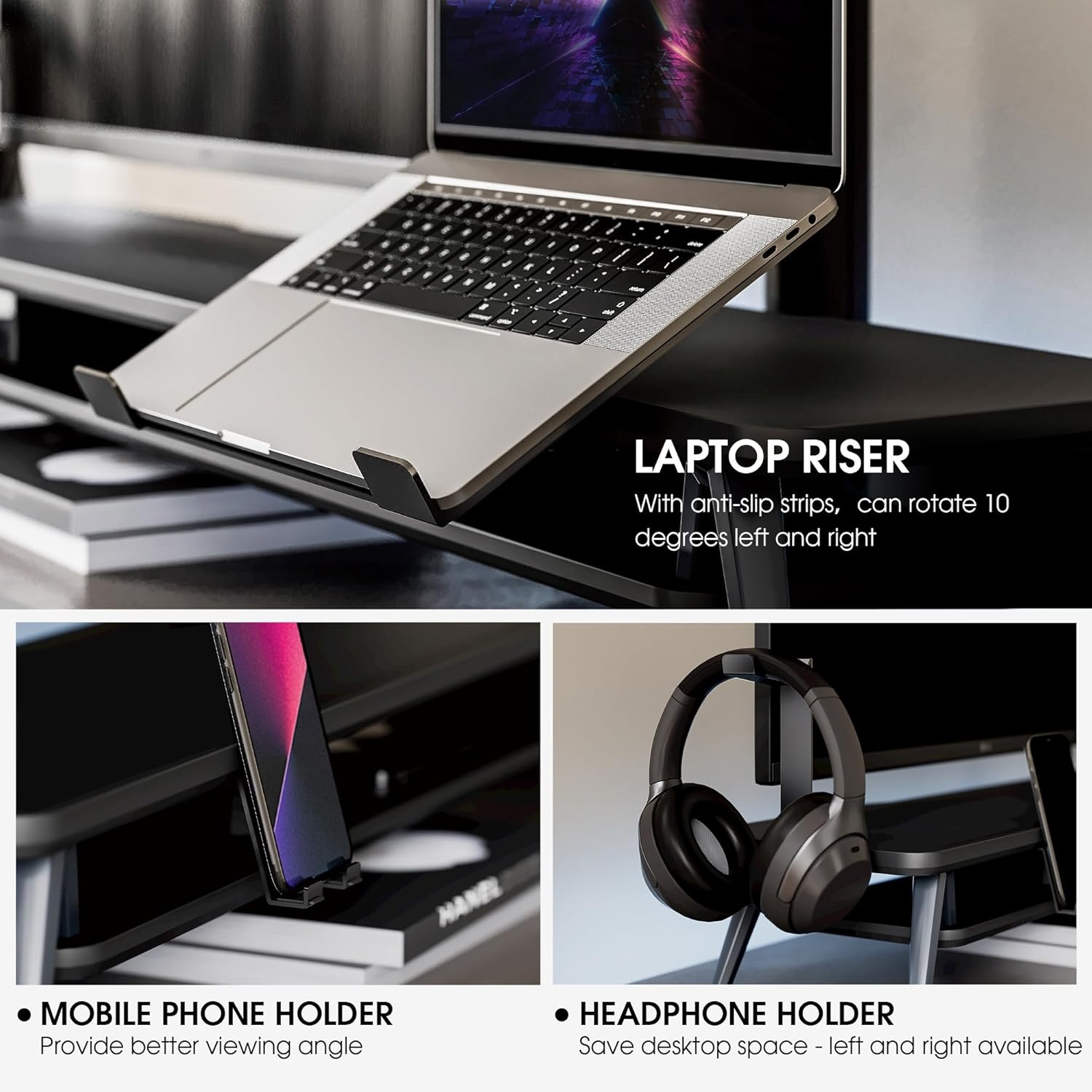 image:imageFenge Dual Monitor Stand Monitor Riser for 2 Monitors with Adjustable Laptop Riser 425 Inch Desk Shelf for Top of Desk with Phone Holderamp Headphone StandBlack