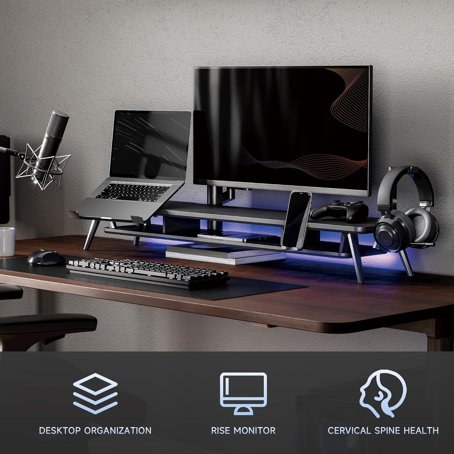 image:imageFenge Dual Monitor Stand Monitor Riser for 2 Monitors with Adjustable Laptop Riser 425 Inch Desk Shelf for Top of Desk with Phone Holderamp Headphone StandBlack