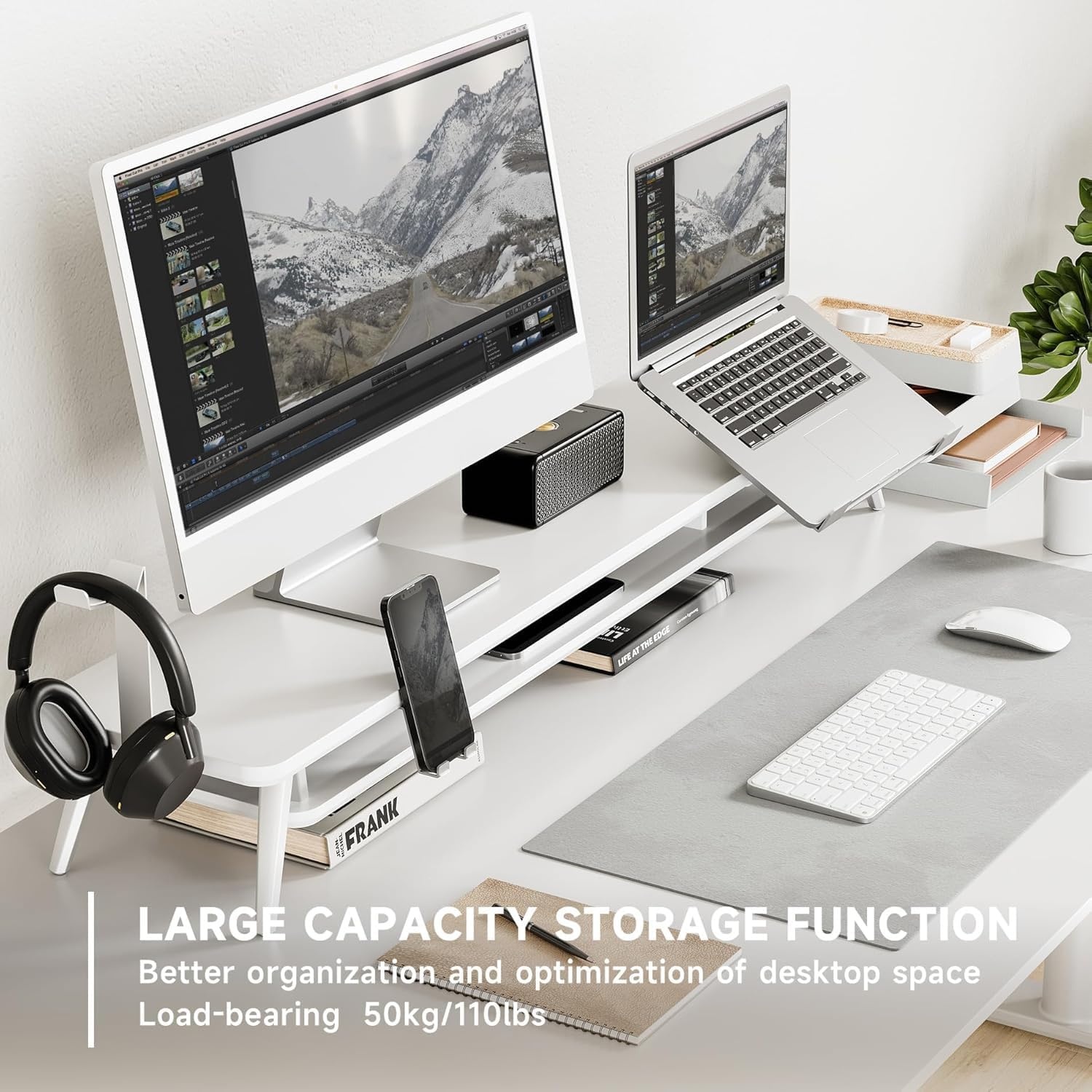 image:imageFenge Dual Monitor Stand Monitor Riser for 2 Monitors with Adjustable Laptop Riser 425 Inch Desk Shelf for Top of Desk with Phone Holderamp Headphone StandWhite
