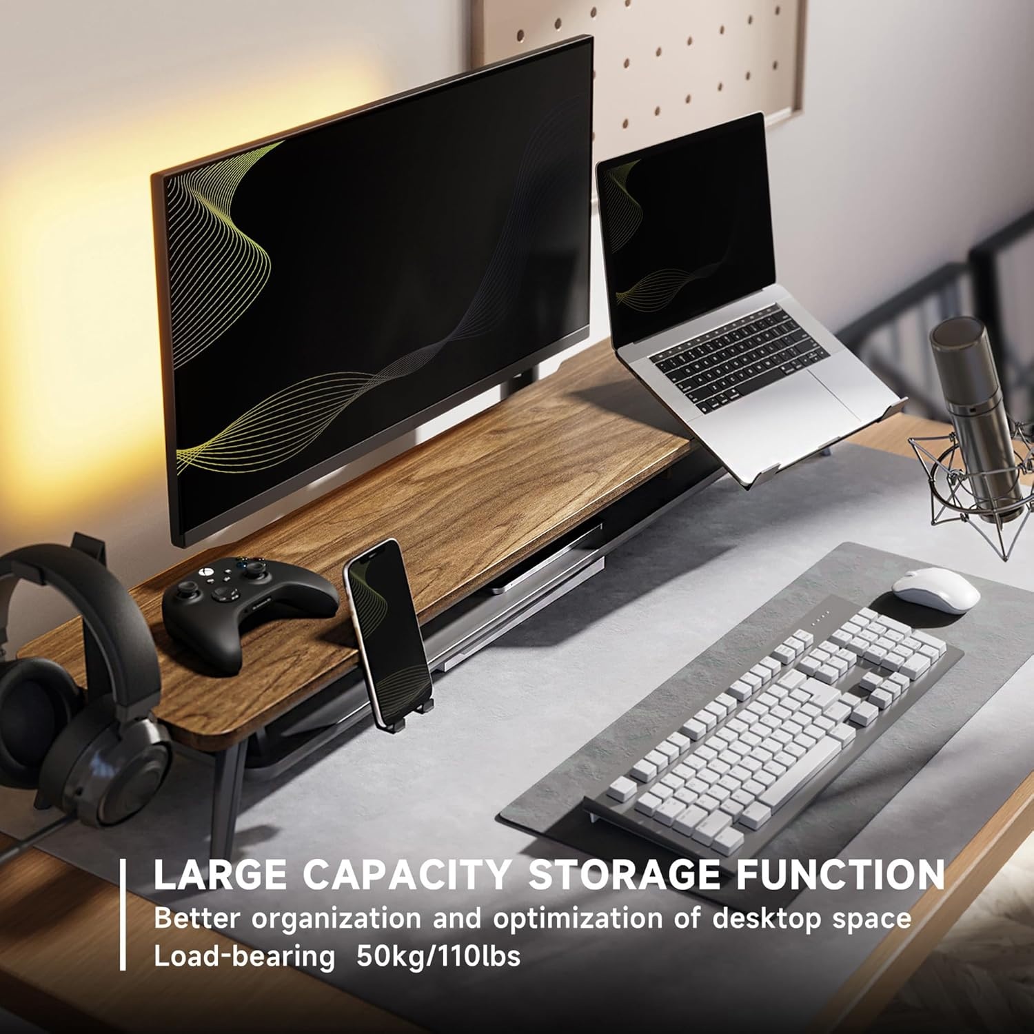 image:imageFenge Dual Monitor Stand Monitor Riser for 2 Monitors with Adjustable Laptop Riser 425 Inch Desk Shelf for Top of Desk with Phone Holderamp Headphone Standbrown