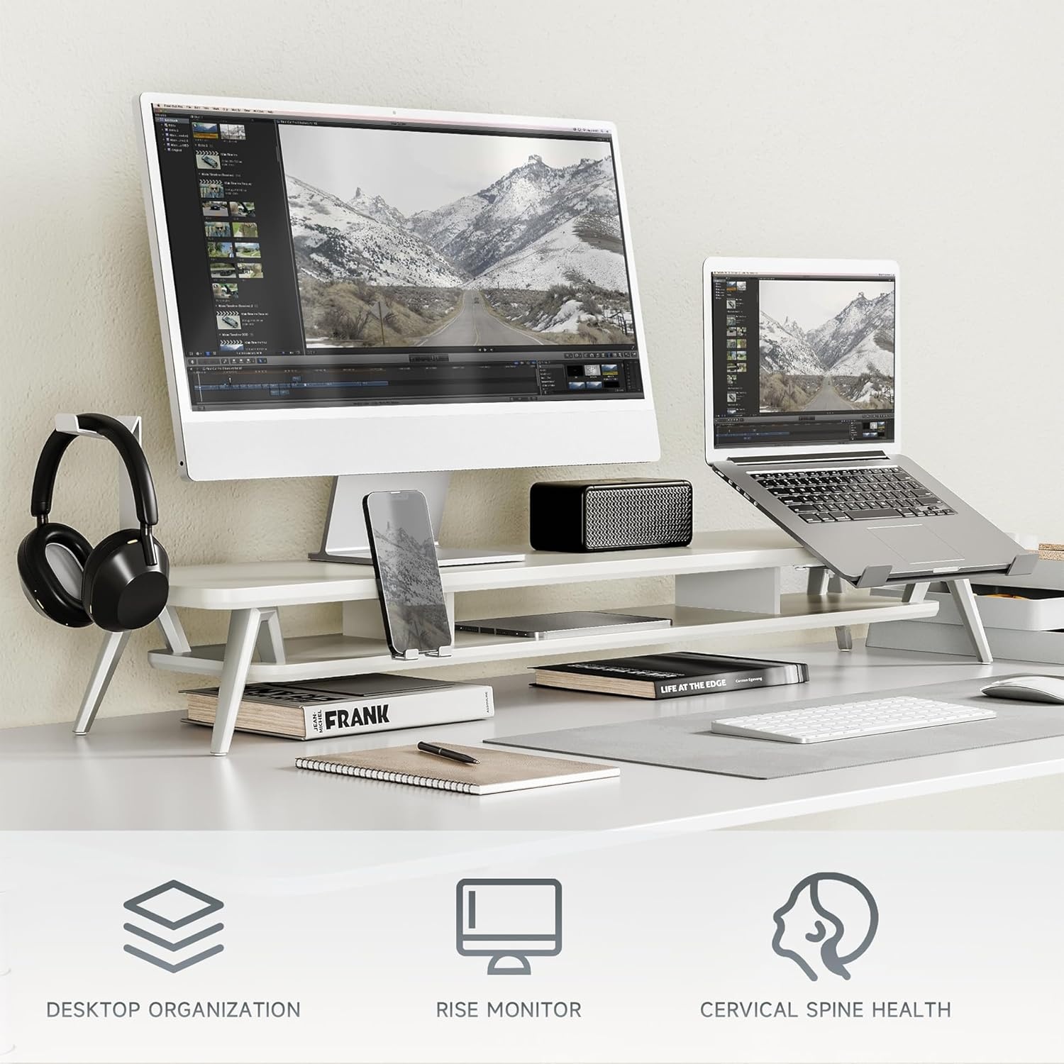 image:imageFenge Dual Monitor Stand Monitor Riser for 2 Monitors with Adjustable Laptop Riser 425 Inch Desk Shelf for Top of Desk with Phone Holderamp Headphone StandWhite
