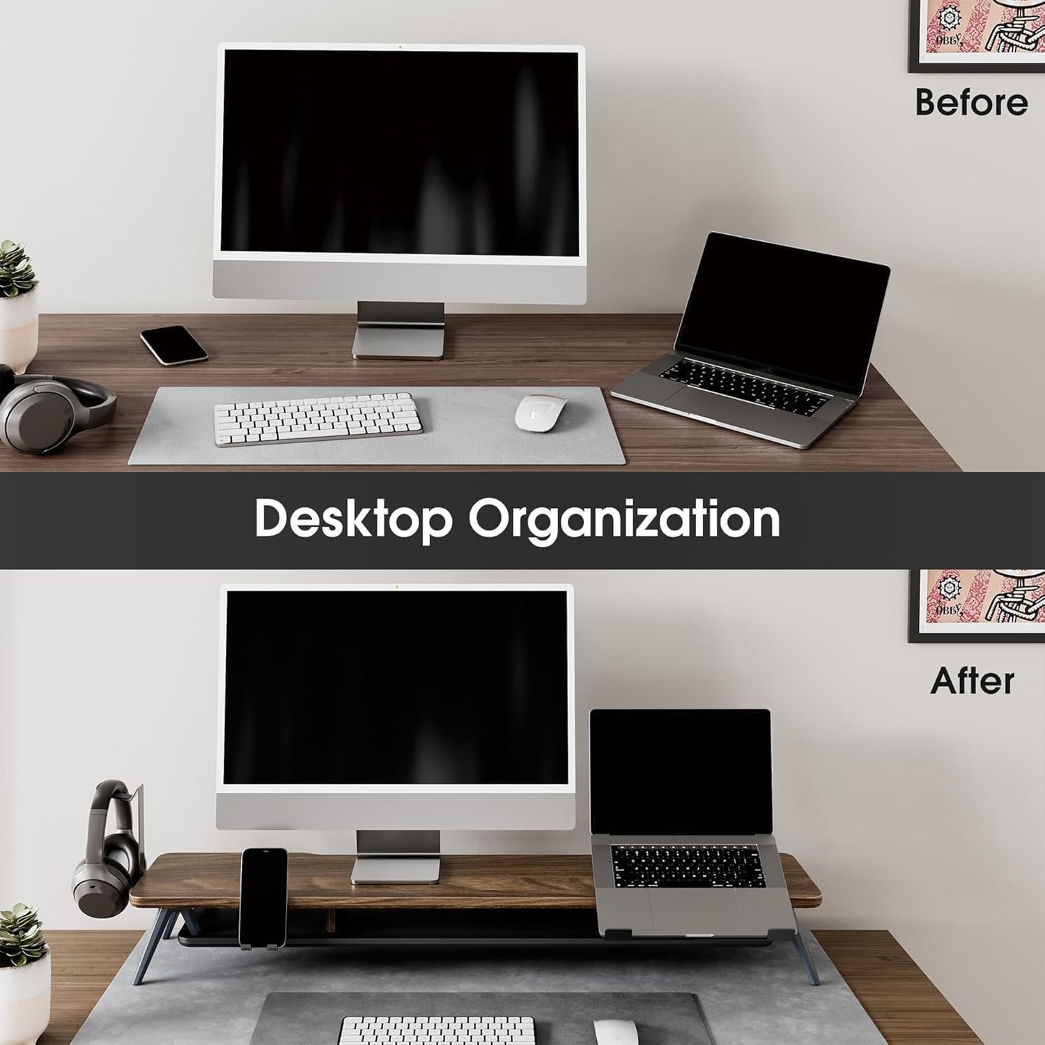 image:imageFenge Dual Monitor Stand Monitor Riser for 2 Monitors with Adjustable Laptop Riser 425 Inch Desk Shelf for Top of Desk with Phone Holderamp Headphone Standbrown