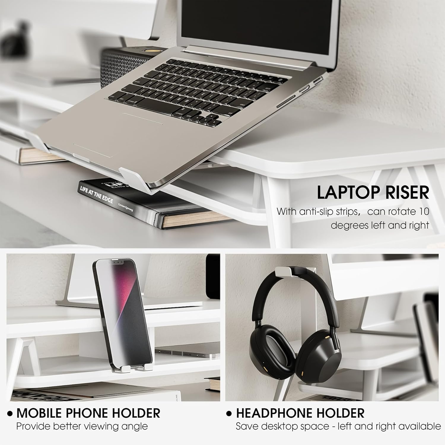 image:imageFenge Dual Monitor Stand Monitor Riser for 2 Monitors with Adjustable Laptop Riser 425 Inch Desk Shelf for Top of Desk with Phone Holderamp Headphone StandWhite