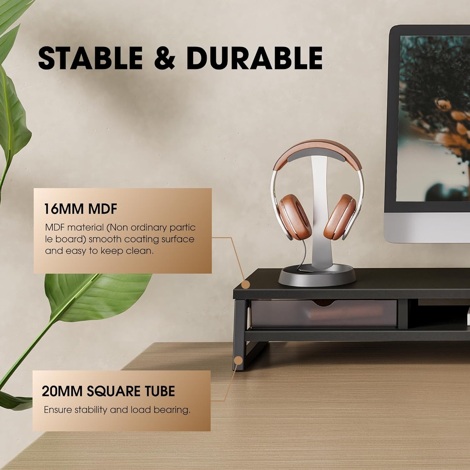 image:imageFenge Dual Monitor Stand Monitor Riser with Drawer 425 Inch Large Computer Monitor Stand for 2 Monitors 2 Tier Wooden Desk Shelf for Top of DeskBlack