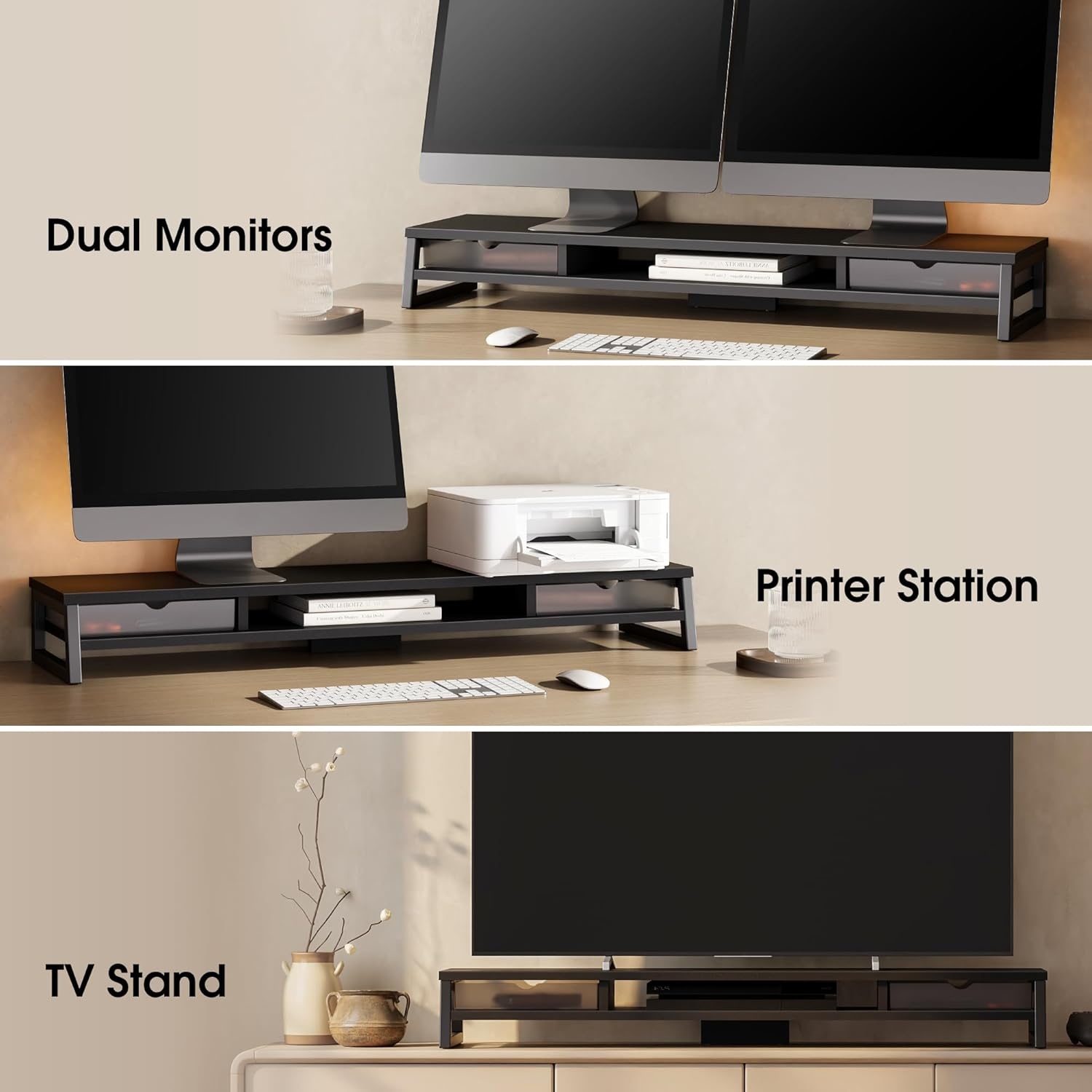 image:imageFenge Dual Monitor Stand Monitor Riser with Drawer 425 Inch Large Computer Monitor Stand for 2 Monitors 2 Tier Wooden Desk Shelf for Top of DeskBlack