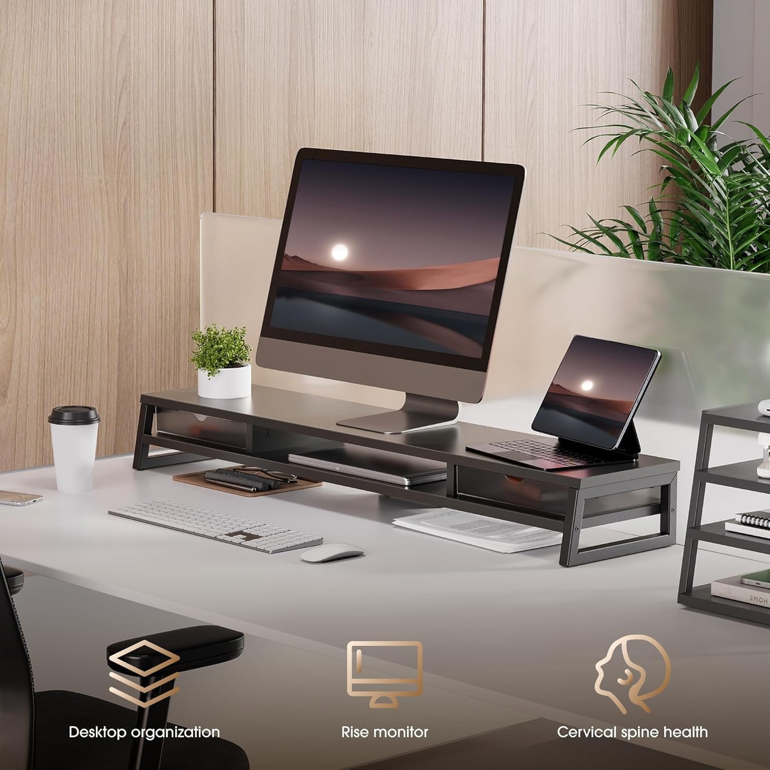 image:imageFenge Dual Monitor Stand Monitor Riser with Drawer 425 Inch Large Computer Monitor Stand for 2 Monitors 2 Tier Wooden Desk Shelf for Top of DeskBlack