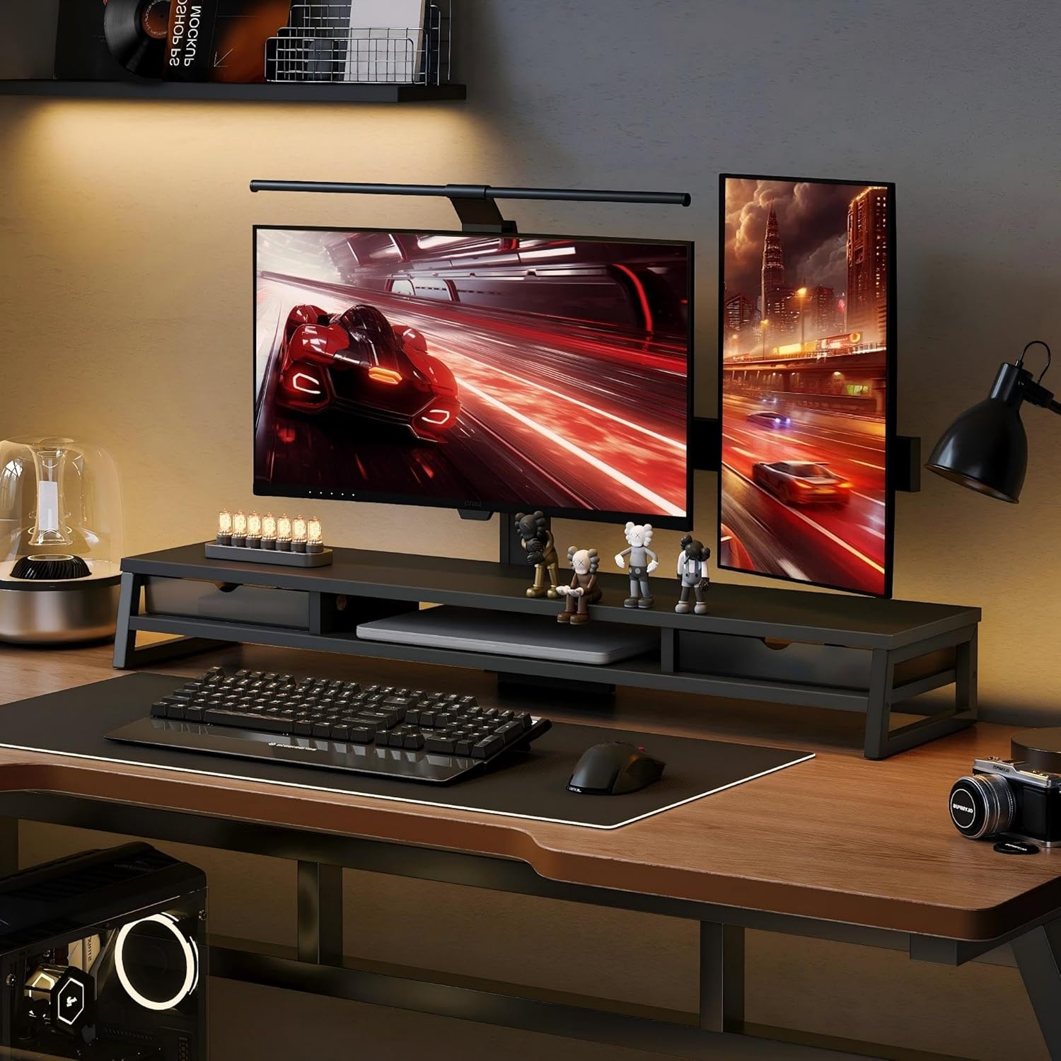 image:imageFenge Dual Monitor Stand Monitor Riser with Drawer 425 Inch Large Computer Monitor Stand for 2 Monitors 2 Tier Wooden Desk Shelf for Top of DeskBlack